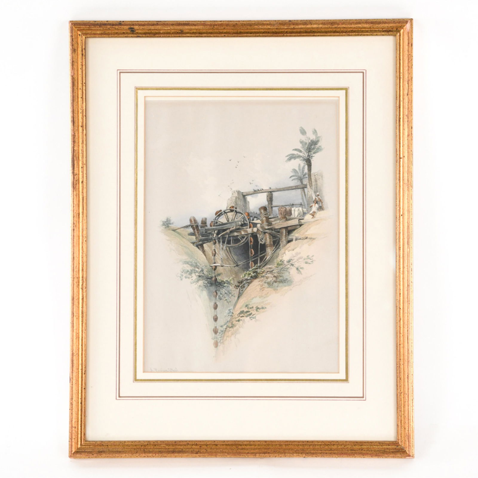 DAVID ROBERTS "A PERSIAN WHEEL" COLOR LITHOGRAPH: Hand-colored lithograph from Egypt and Nubia... 1846-1849. Dimensions: (Frame) H 21.5" x W 17", (Sight) H 13" x W 9.5" Condition: Paper age toned. Slipped in frame. Frame with some edge damages.