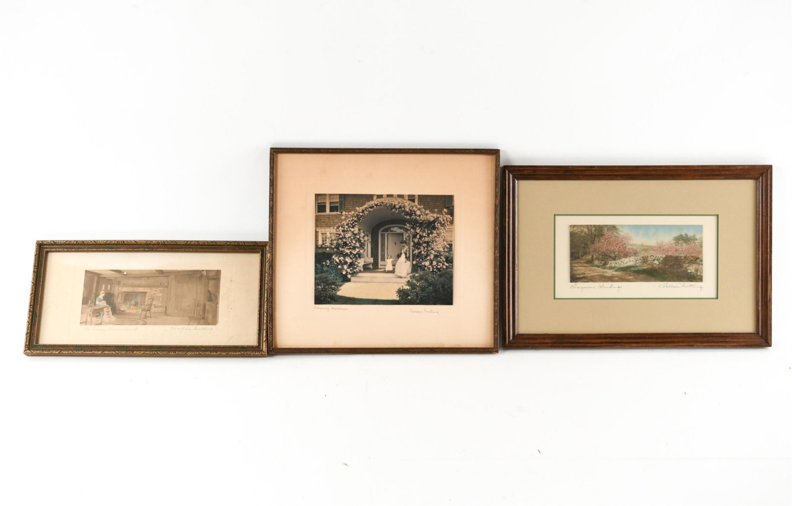 (3) WALLACE NUTTING COLOR PHOTOGRAPHS: Various scenes, titled and signed. Dimensions: (Largest frame) H 14" x W 15.75" Condition: Varies, some toning and spotting. One missing frame glass.