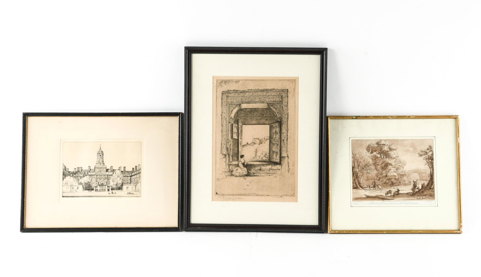 (3) ETCHINGS: Including: Earlom after Claude Lorraine, signed etching of building, another signed etching of woman looking out of window. Dimensions: (Largest frame) H 22.75" x W 17.5" Condition: Some toning and fr