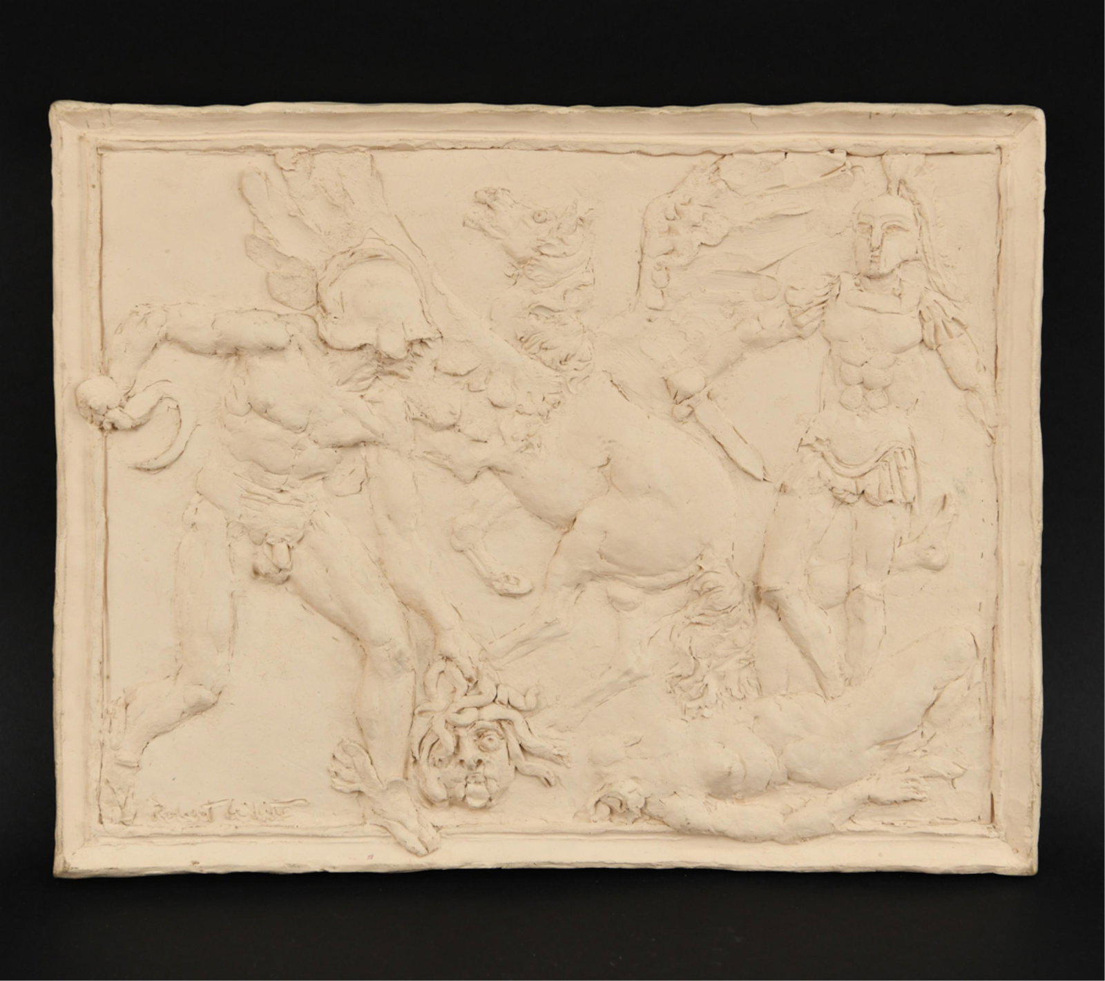 ROBERT WHITE (1921-2002) TERRACOTTA PLAQUE: Hand modeled. Signed lower left. Classical scene. Dimensions: H 10.5" x W 13" Condition: Light handling marks.