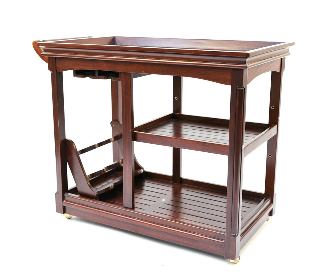 CONTEMPORARY ROLLING BAR CART: Dimensions: H 29" x W 37.25" x D 19.75" Condition: Showing signs of light wear