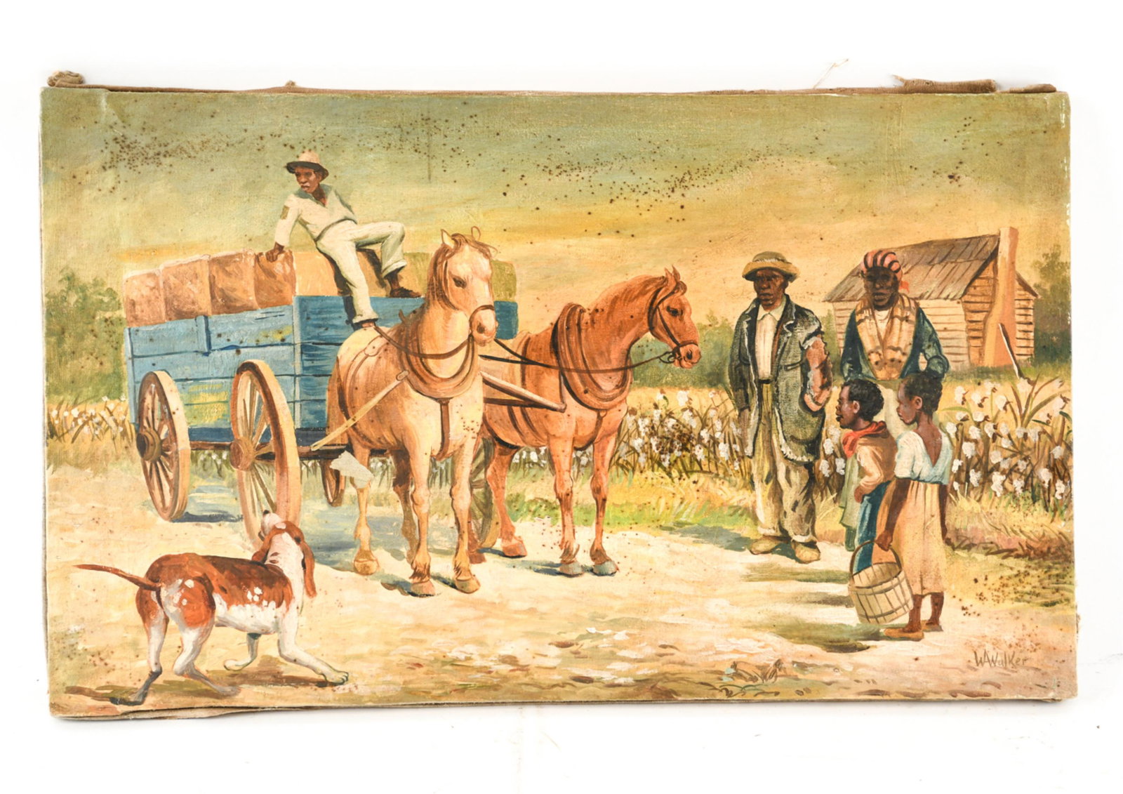 ANTIQUE BLACK AMERICANA OIL ON CANVAS: Family in cotton field with wagon. Bears signature W. Walker. Dimensions: (Canvas) H 15.25" x W 25.75" Condition: Loss to paint left center. Dirty surface with surface spotting.