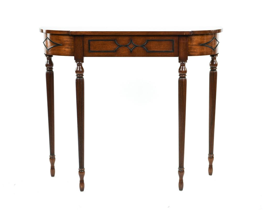 MAHOGANY CONSOLE TABLE: Dimensions: H 33.5" x W 39" x D 14" Condition: Light surface scratches, nicks and dings to edges. Some scuffs to legs.