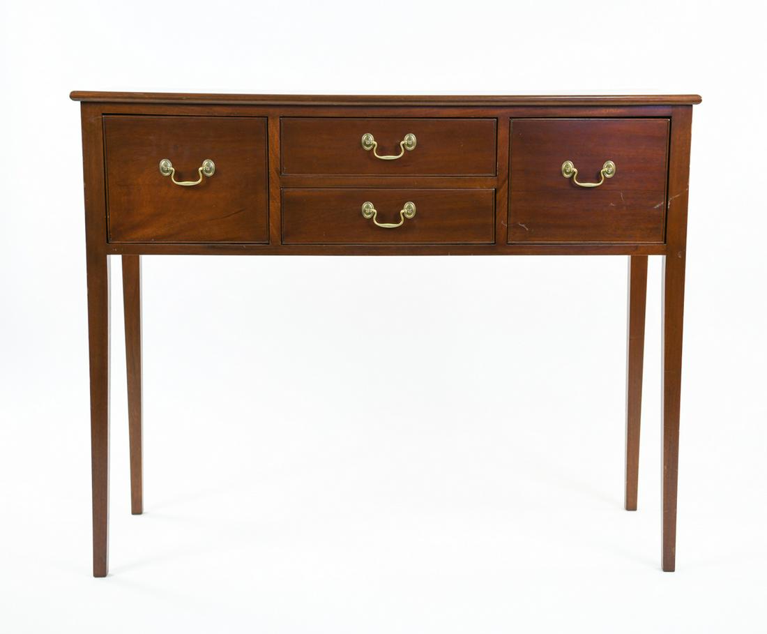 MAHOGANY SIDEBOARD: Dimensions: H 38.75" x W 48" x D 18.5" Condition: Scratches and nicks. Few white paint marks to back edge. Overall light wear.