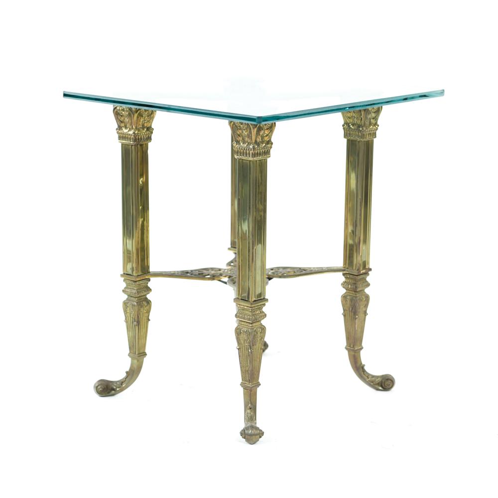 BRASS & GLASS SIDE TABLE: Dimensions: H 21" x W 18" x D 18" Condition: Some patina to brass.