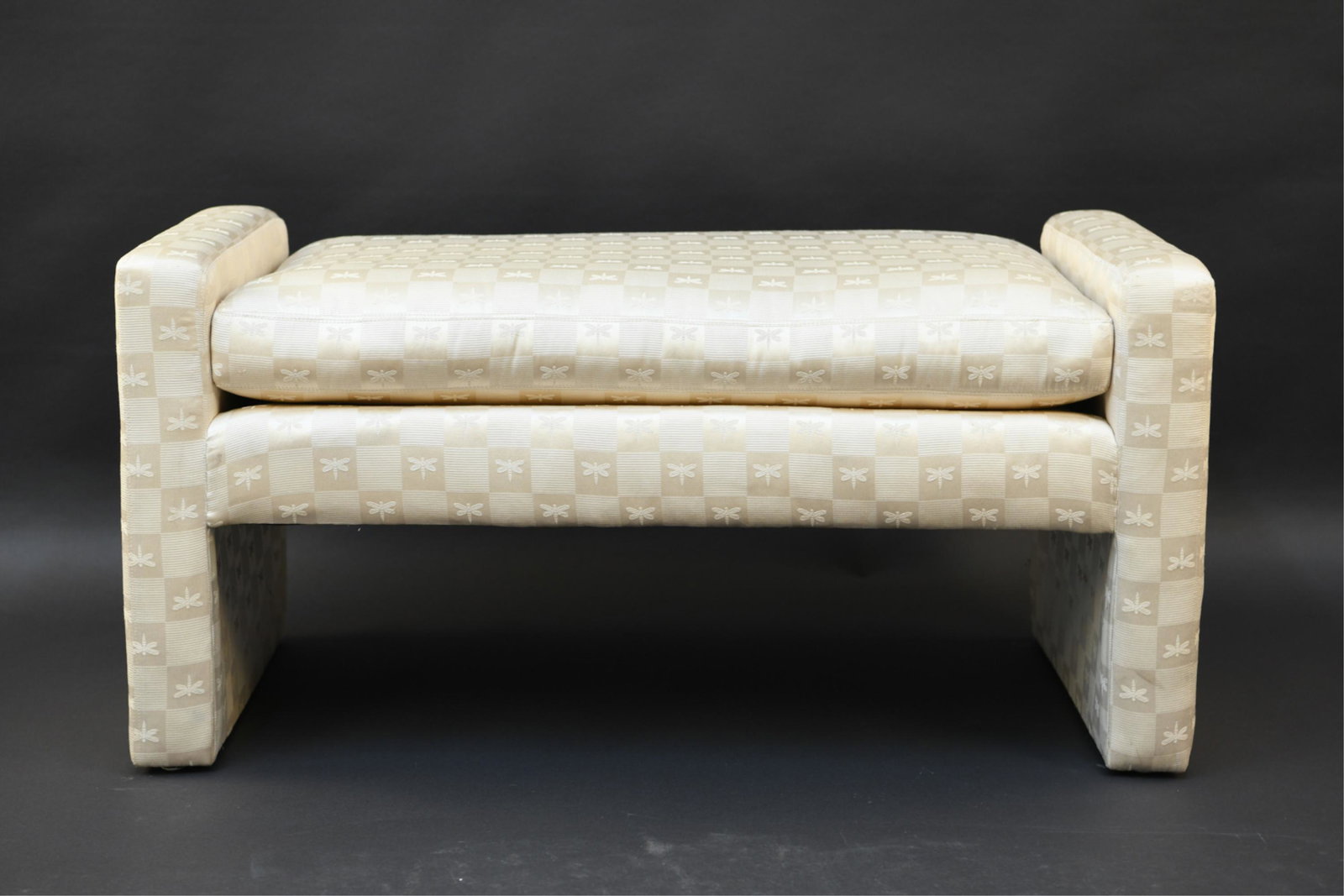CONTEMPORARY UPHOLSTERED BENCH: Dimensions: H 21" x W 42.5" D 20.5" S.H. 18" Condition: Light stains to upholstery. Wear consistent with age and use.