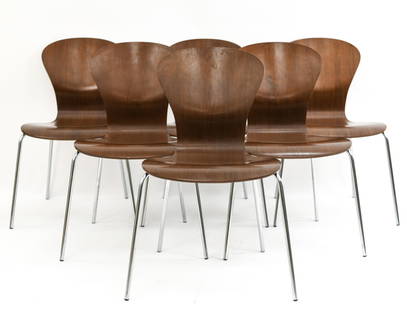 (6) ROSS LOVEGROVE FOR KNOLL SPRITE CHAIRS: Tagged under seats. Walnut and chromed steel. Dimensions: H 31.5" x D 23.5" x W 18" x SH 15.75" Condition: Showing signs of use including wear to some edges. Couple small losses to veneer.