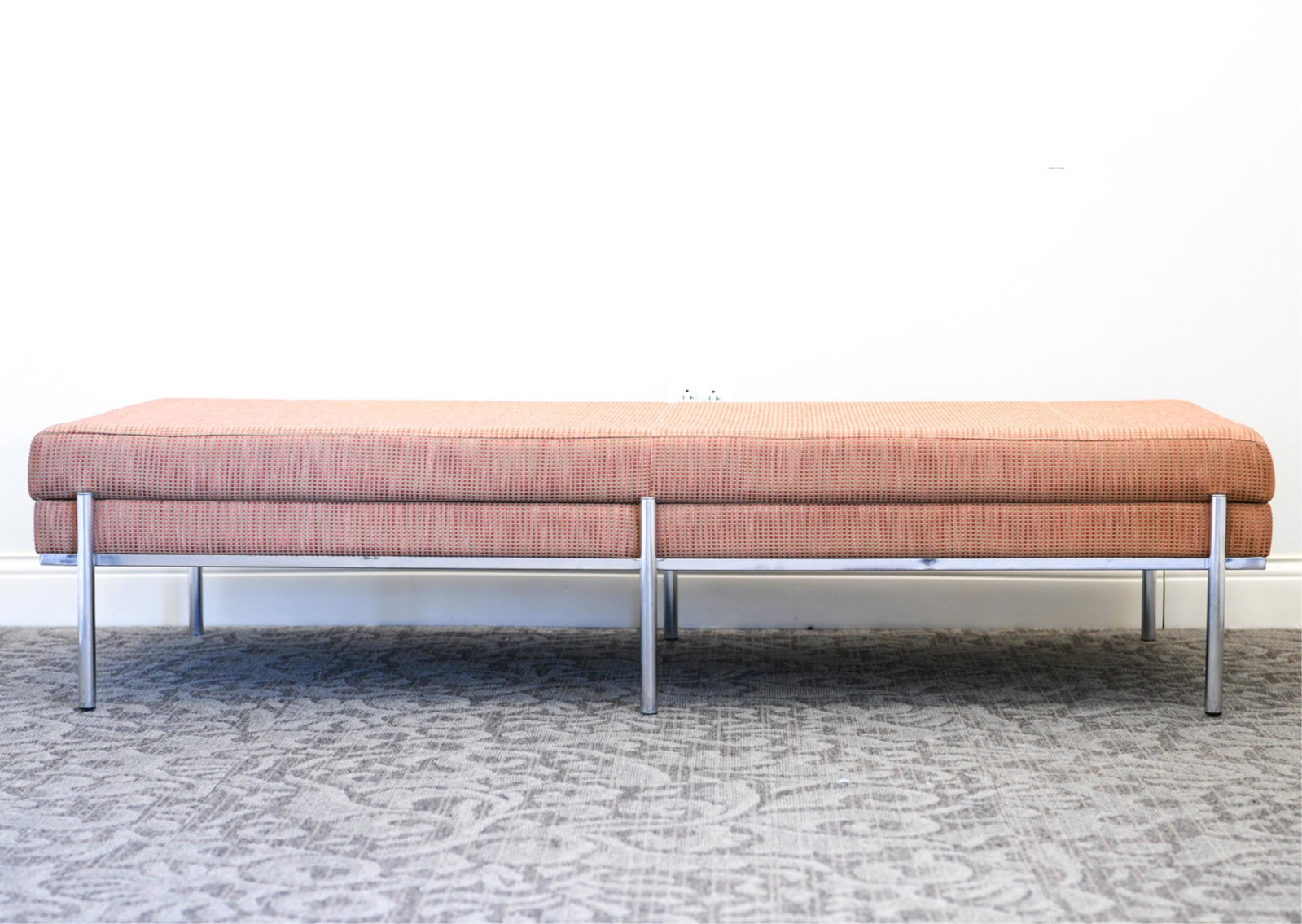 CONTEMPORARY LARGE DAYBED: Tagged Source underneath. Chromed steel and upholstery. Dimensions: H 16.5" x L 71" x W 31" Condition: Showing very light signs of use.
