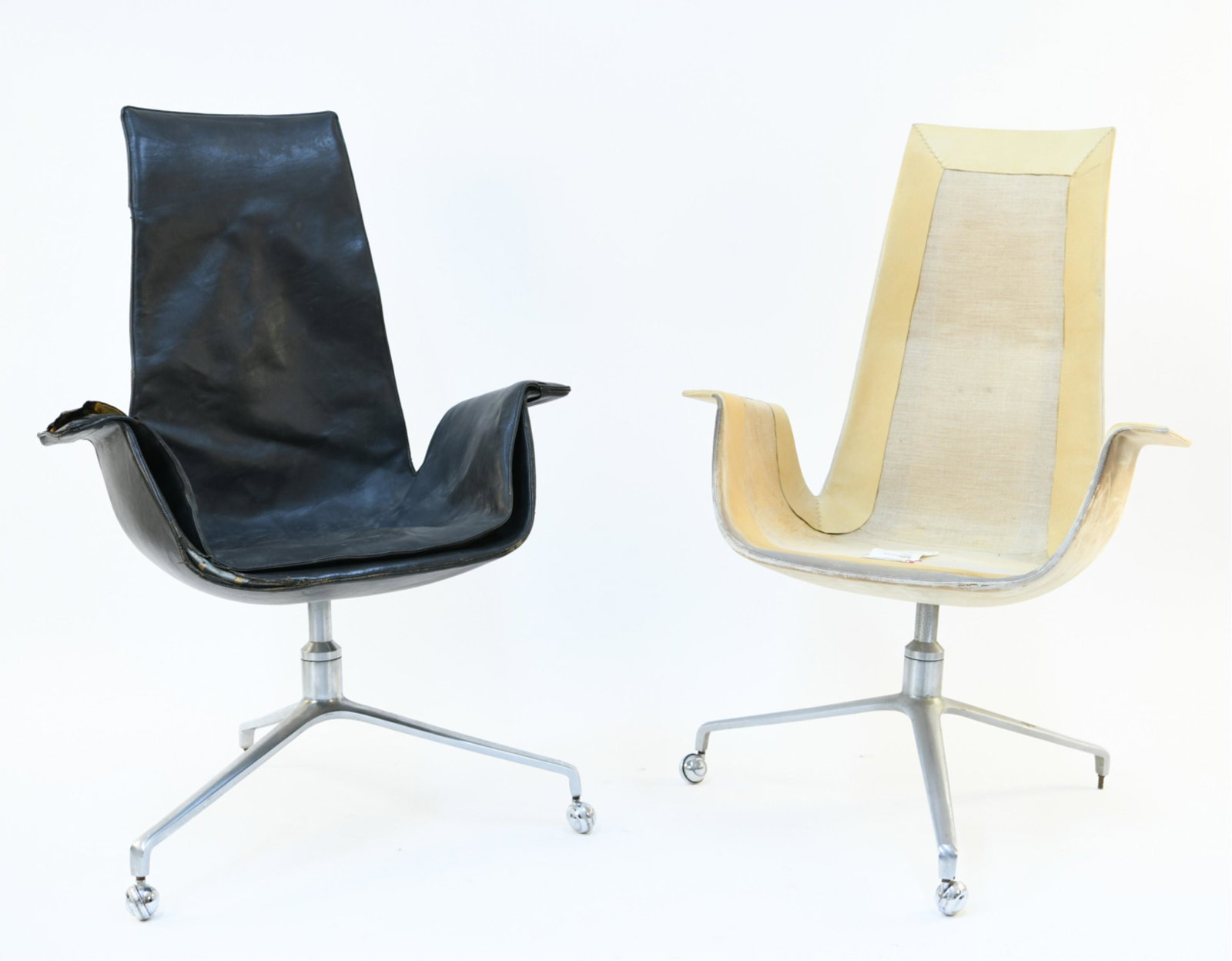 (2) PREBEN FABRICIUS JORGEN KASTHOLM BIRD CHAIRS: Alfred Kill, Germany, C. 1960's. Dimensions: H 42.5" x W 29.5" x D 24" S.H. 18" Condition: Each missing one caster. one missing leather cover, chairs are in as-is condition as shown in the photos, Ide