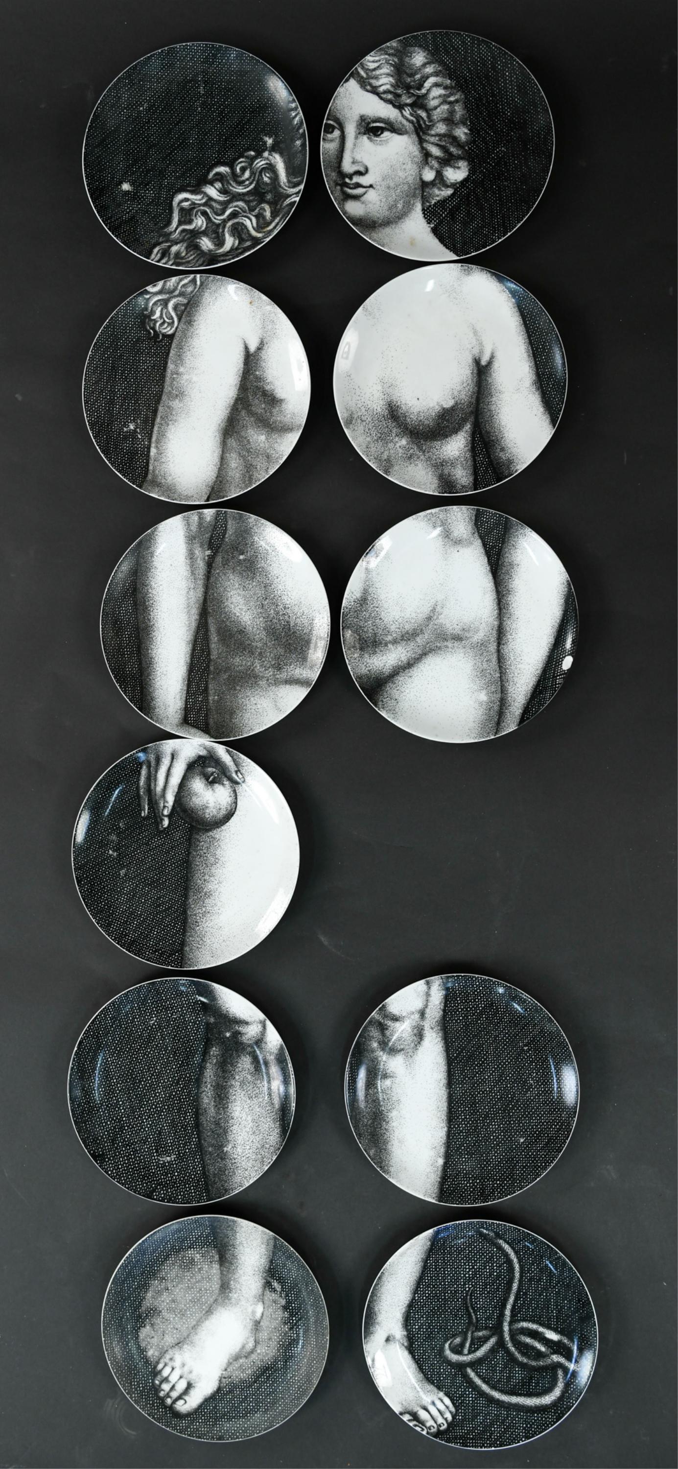 (11) FORNASETTI ITALIAN EVA PLATE GROUPING: Dimensions: Dia. 10.25" Condition: Wear from use including scratches and pattern loss. One plate with large chip on edge.