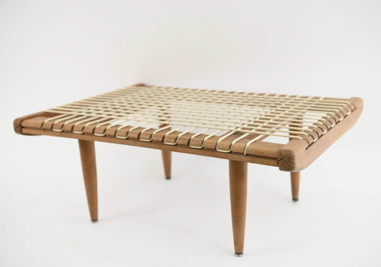 PETITE LOUIS SOGNOT 1960'S SCOUBIDOU TABLE: Dimensions: H 11" x W 27.5" x D 19.5" Condition: Appears to be a hinge missing, showing normal signs of age and use.