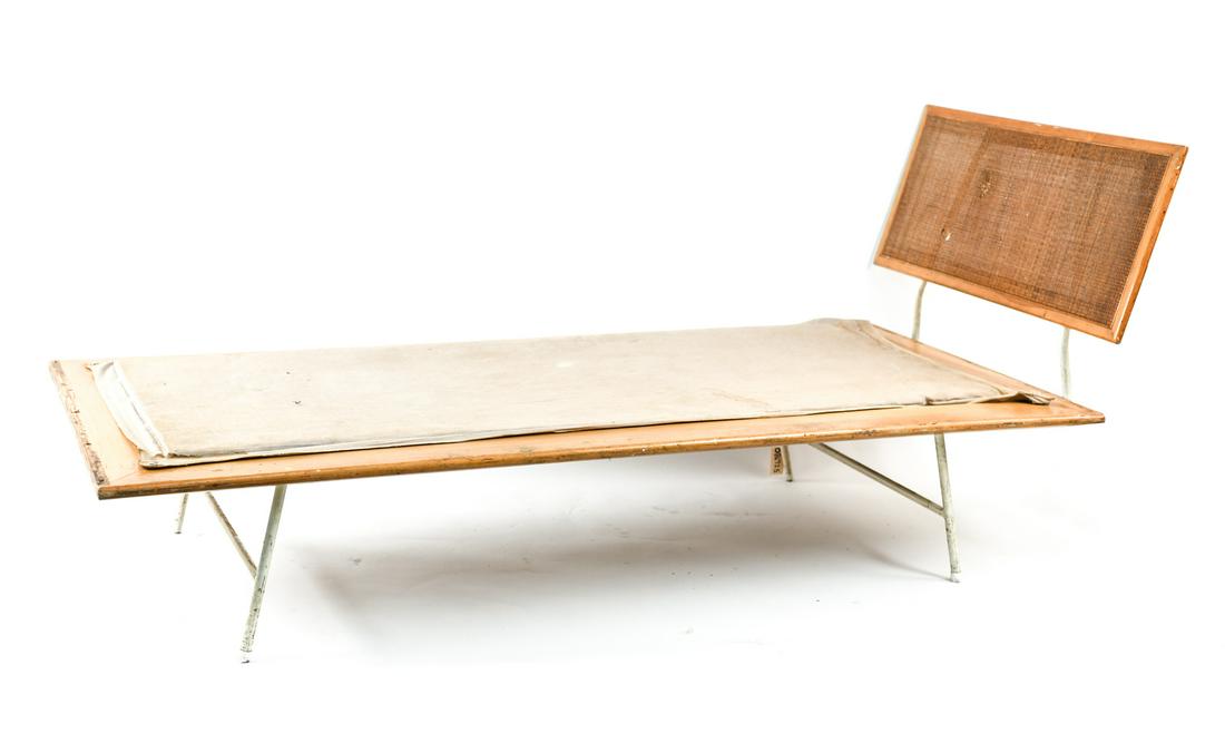 GEORGE NELSON HERMAN MILLER THIN EDGE BED #549: Dimensions: H 35" (top of headboard) x W 76.5" x D 38.5" Condition: FOR RESTORATION, Missing two pieces of wood on the top that hold in a cushion. Wear from age and use including scratches, nicks and