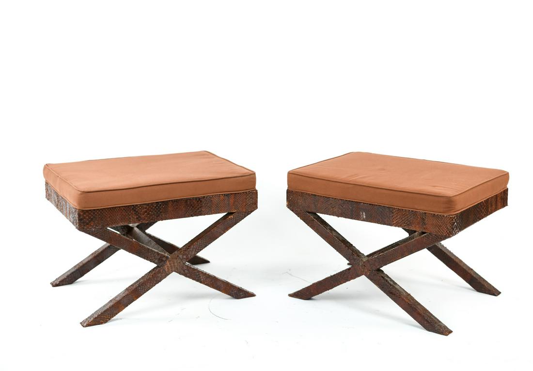(2) KARL SPRINGER STYLE SNAKESKIN X BENCHES: Dimensions: H 17.5" x W 24.5" x D 18.25" Condition: Wear consistent with age and use including losses and peeling to snakeskin. Some fading and light soiling to upholstery.