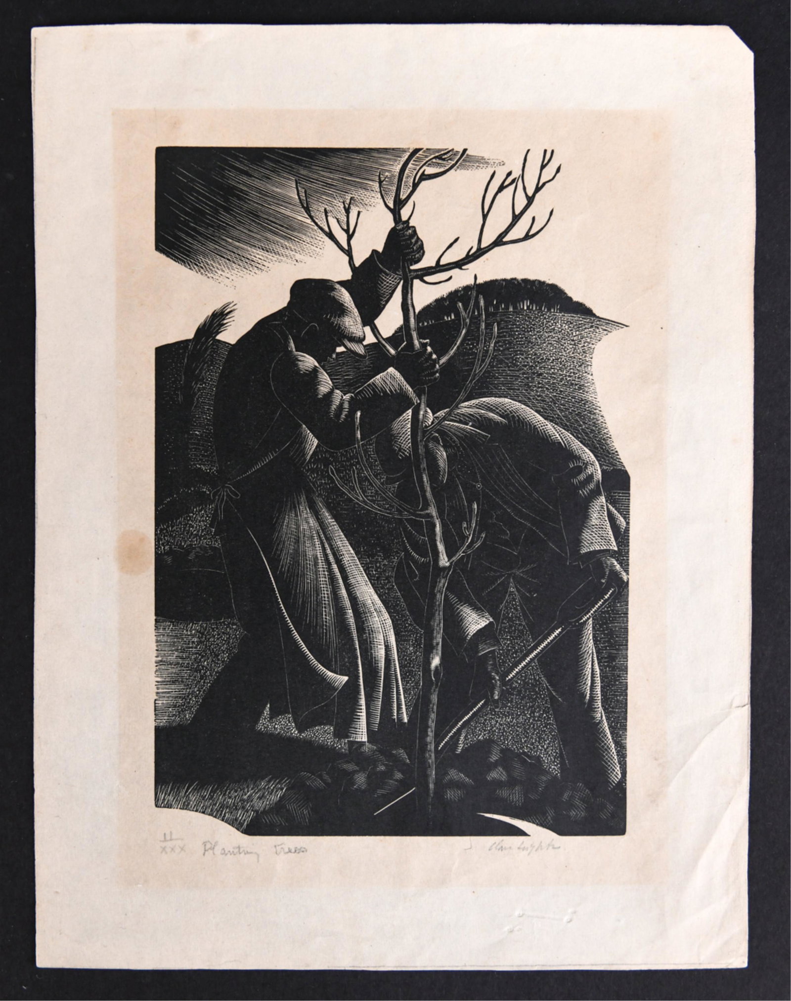 CLARE LEIGHTON, BRITISH (1898 - 1989) ENGRAVING: "Planting Trees," 1935. Rare pencil signed, titled, numbered ii / xxx. Dimensions: (Paper) H 9.5' x W 7.25" Condition: Toned. Stain lin left margin. Small loss upper r. corner.
