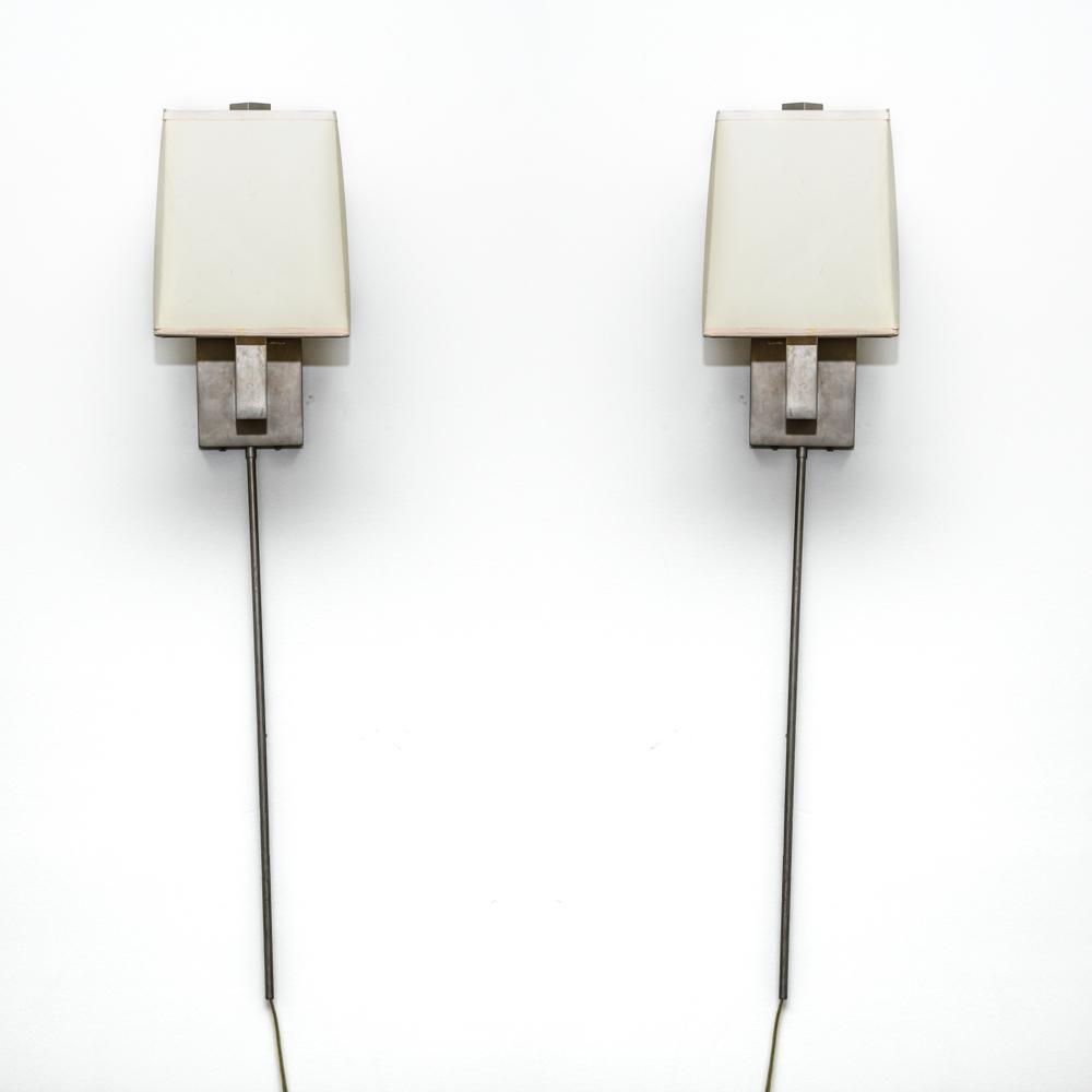 PAIR OF MODERN BRUSHED METAL SCONCES: Dimensions: (Including stem and shade) H 38" x W 7.75" x D 9.75" Condition: Some handling marks and toning to shades. Light tarnish to metal.