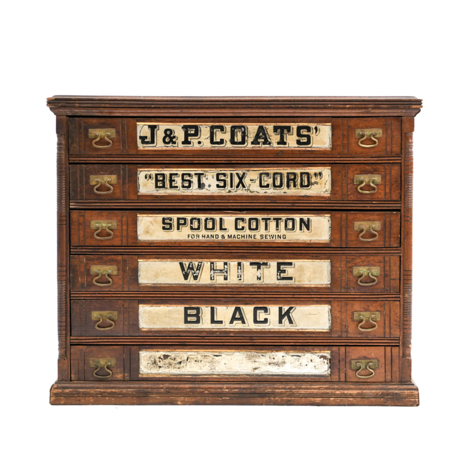 ANTIQUE SPOOL CABINET: J&P Coats advertising. Dimensions: H 20.5" x W 24.5" x D 17.5" Condition: Showing signs of age including losses to advertising. Working drawers, usable.