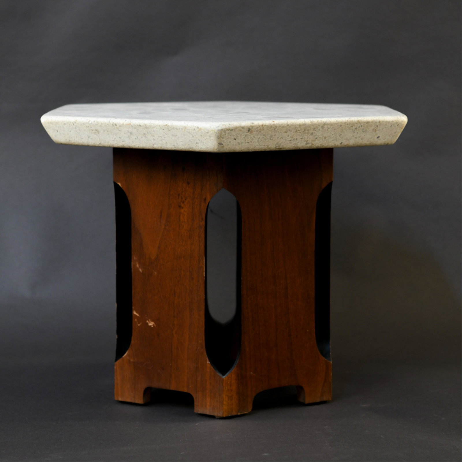 HARVEY PROBBER HEXAGON TERRAZZO TOP TABLE: Dimensions: H 15" x W 21.25" x D 18.5" Condition: Scuffs to edges of top. Scratches to wood base.