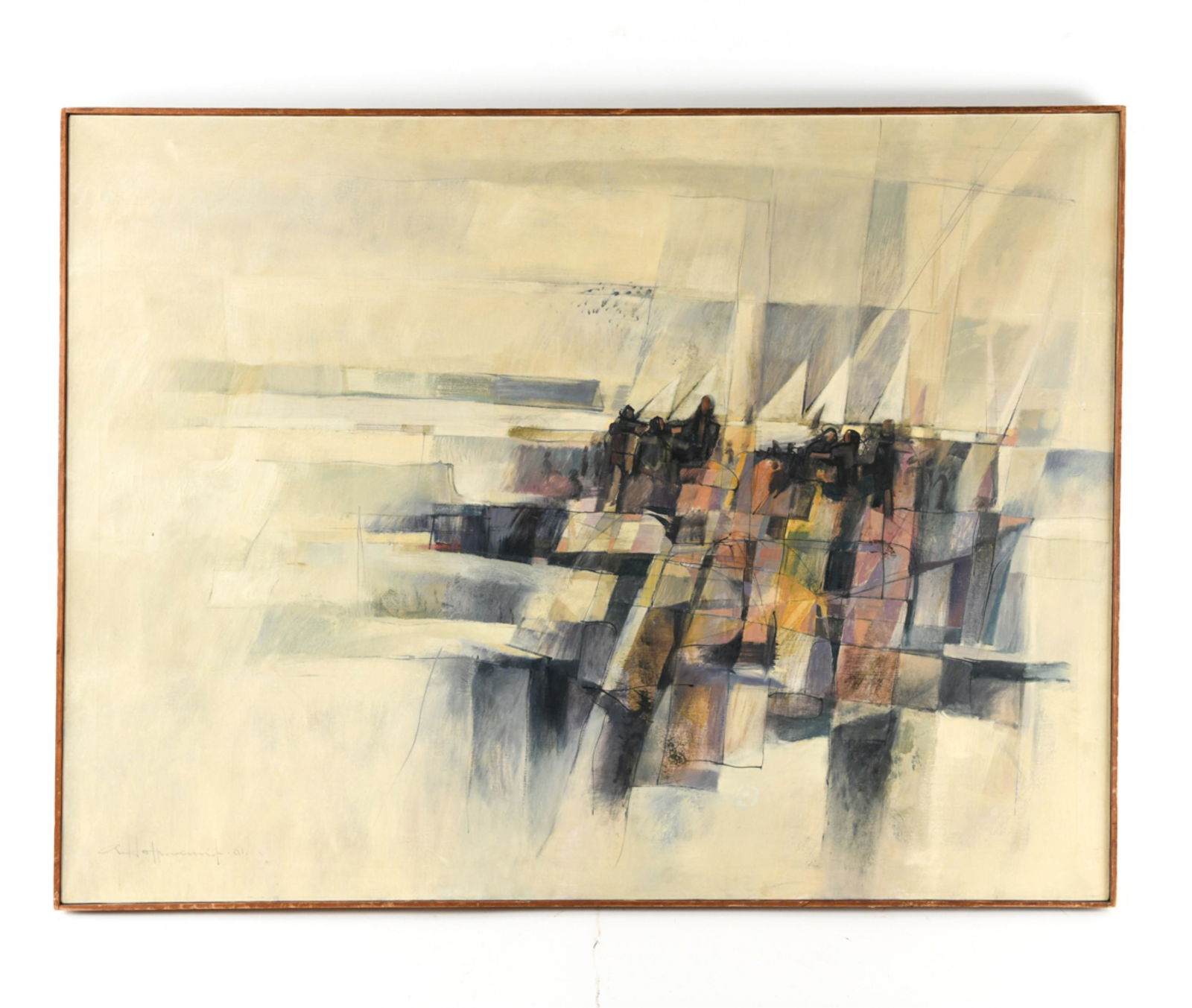 ARNOLD HOFFMAN (1886-1966) MID-CENTURY ABSTRACT: Signed lower left. Dimensions: (Canvas) H 36" x W 48" Condition: Handling wear including rubs and scratches to frame. Small canvas repair lower left. Couple small dimples to canvas, upper left and rig
