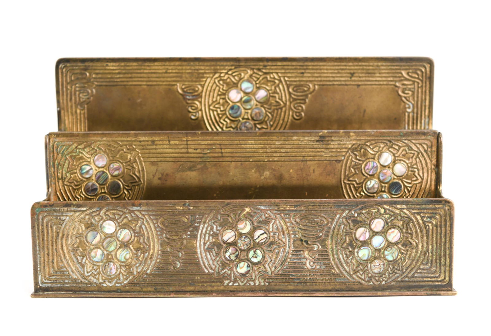 TIFFANY STUDIOS BRONZE ABALONE LETTER HOLDER: Marked on bottom. Dimensions: H 5.5" x W 9.5" x D 2.75" Condition: Showing signs of age and use.