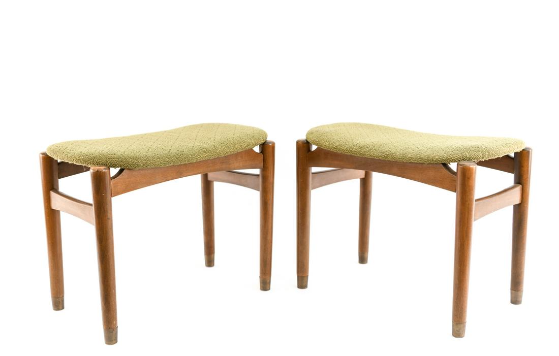 PAIR OF SMALL DANISH BENCHES: Dimensions: H 14" x W 17" x D 10.5" Condition: Showing signs of use and age, sturdy, scuffs to wood, clean, vintage upholstery.