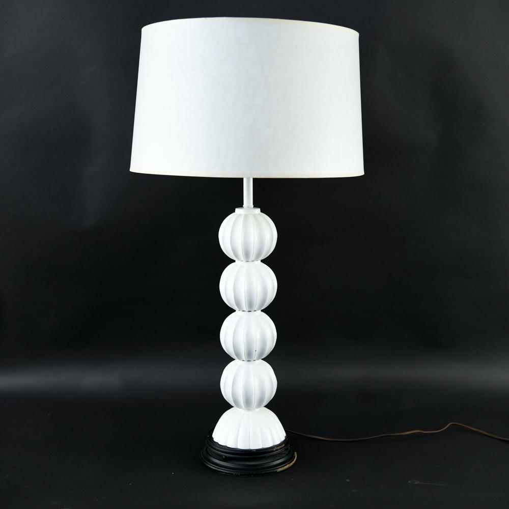 VINTAGE STACKED FLUTED SPHERE LAMP: Dimensions: H 35.5" x Dia. 17.25" Condition: Functional. Not original Harp. Chips, scratches, losses to finish of base.