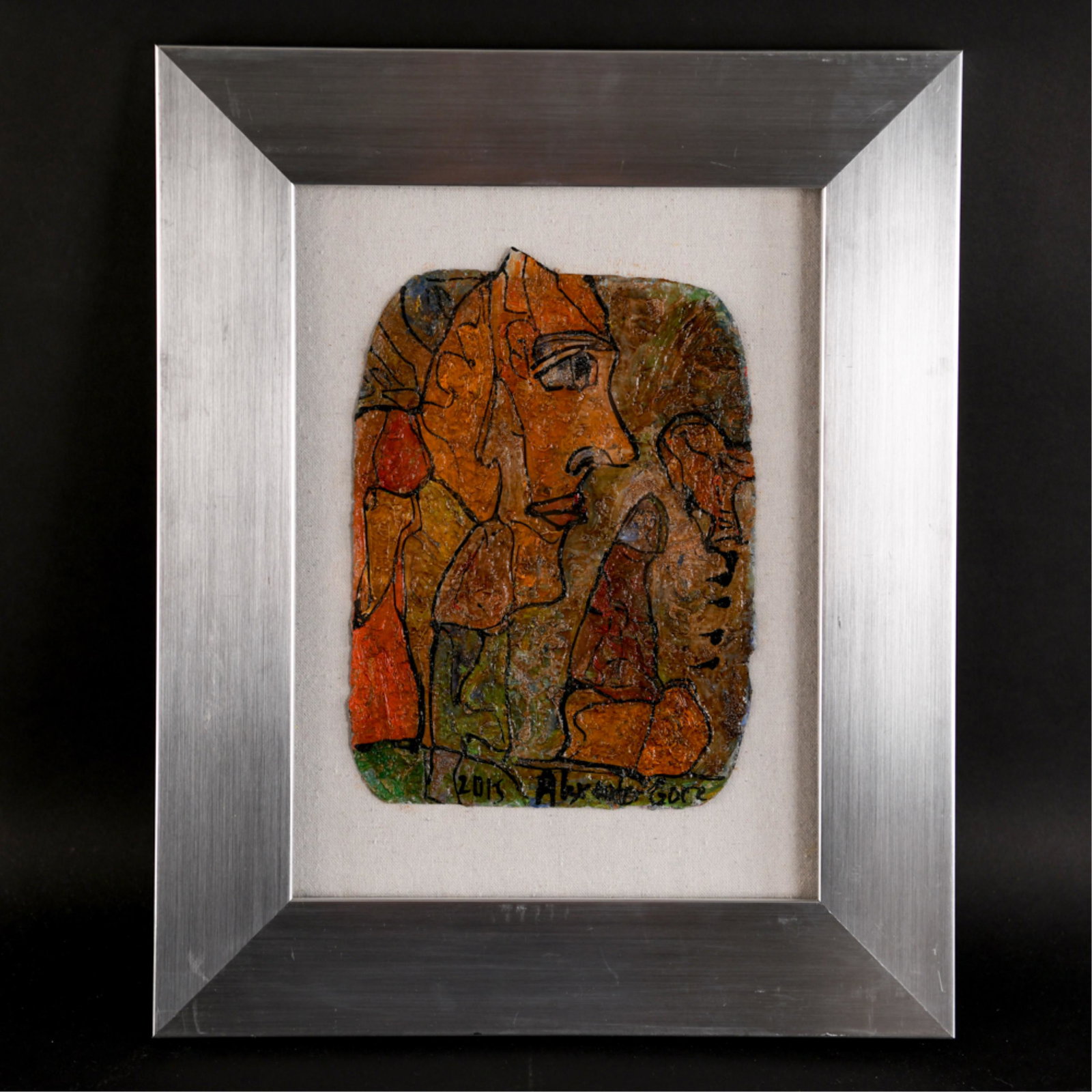 ALEXANDER GORE (RUSSIAN/AMERICAN 1950- ): Oil painting Titled "The Head Hanter" as denoted on verso, signed and dated 2015 lower right. Dimensions: Frame: H 21.5" x W 17.5" Sight: H 12" x W 9" Condition: Metal frame with minor scratching.