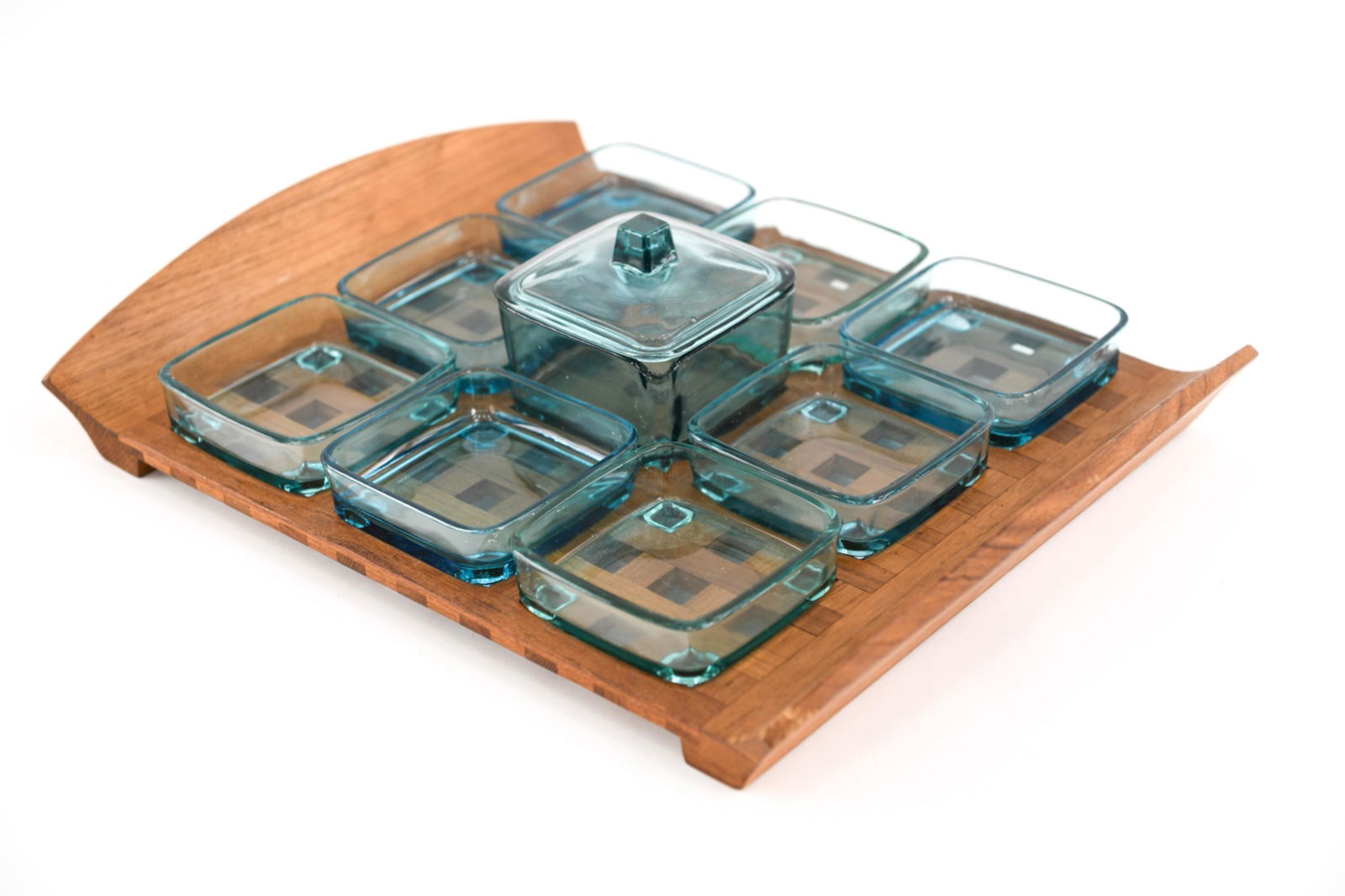 JENS QUISTGAARD FOR DANSK LATTICE & GLASS TRAY: Teak tray with glass serving compartments. Dimensions: (Overall) H 4" x W 18" x D 14" Condition: Light signs of use including a few nicks to the tray.