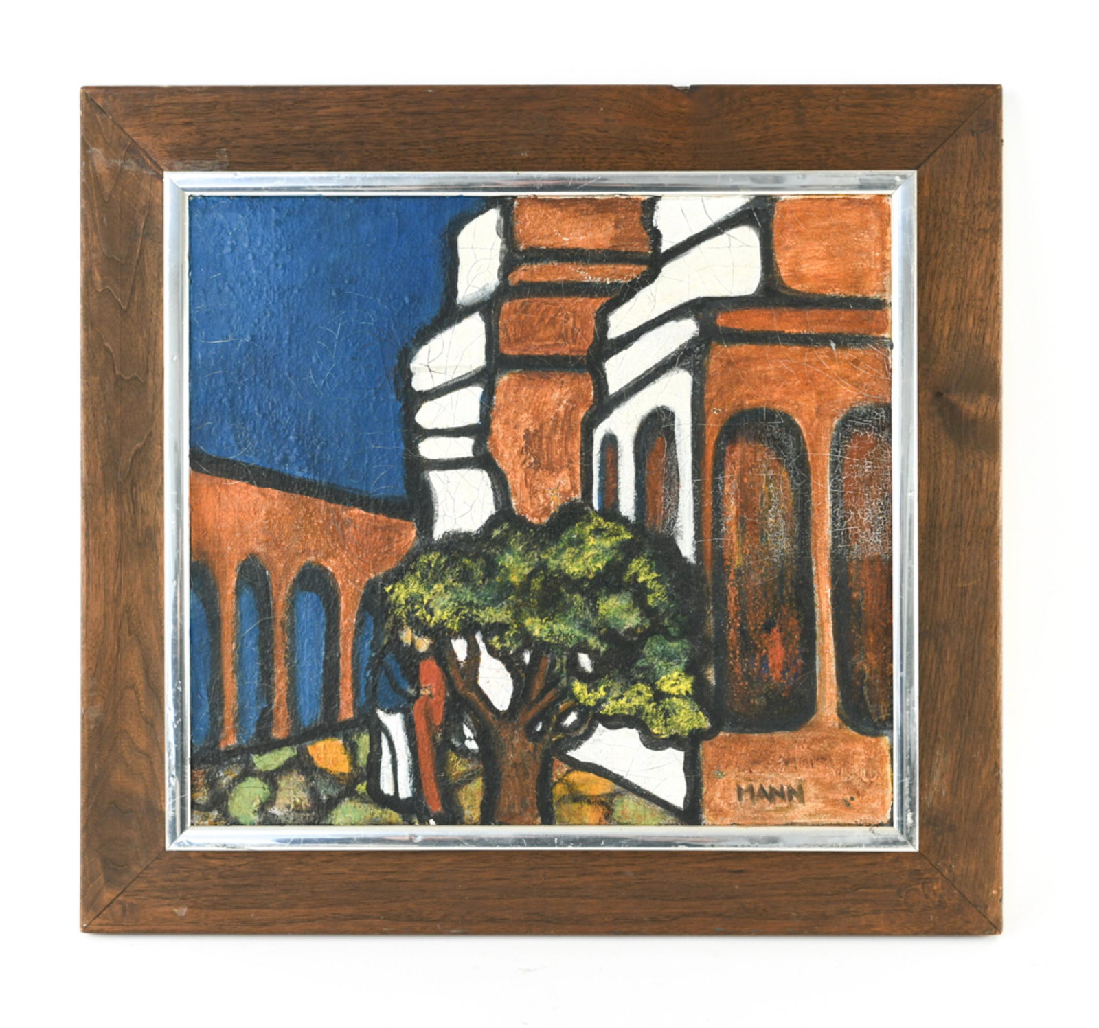 MODERN ABSTRACT CITYSCAPE, SIGNED MANN: Oil on canvas. Signed lower right. Dimensions: (Frame) H 24.5" x W 26.5" (Painting) H 18" x W 20" Condition: Paint cracking and rubbing.