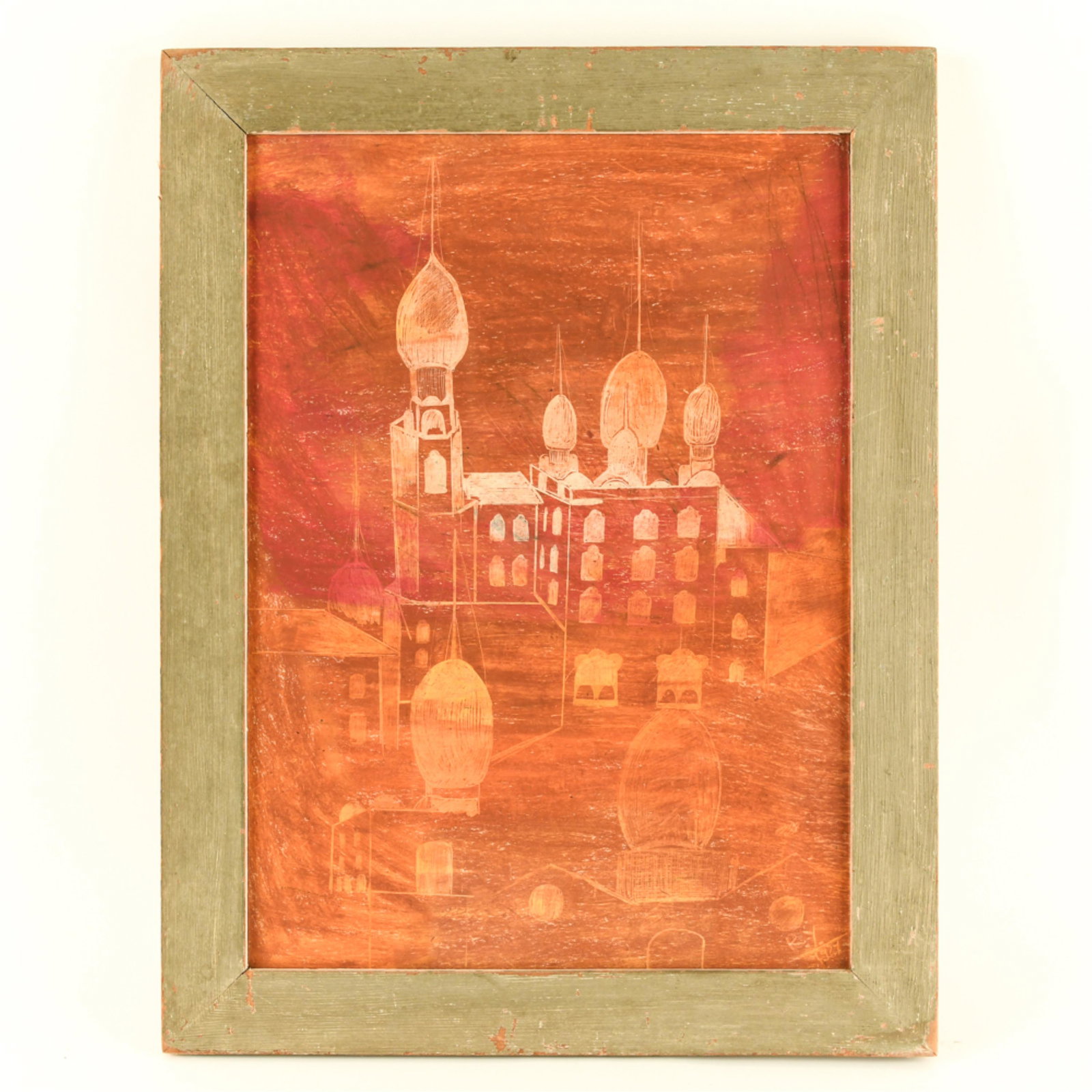 MODERN ARABIC MIDDLE EASTERN MIXED MEDIA R.Y 1961: Crayon with scratching out of buildings. Initialed and dated lower right corner. Dimensions: (Frame) H 26.5" x W 20.5" (Sight) H 22" x W 16" Condition: Some losses to frame surface.