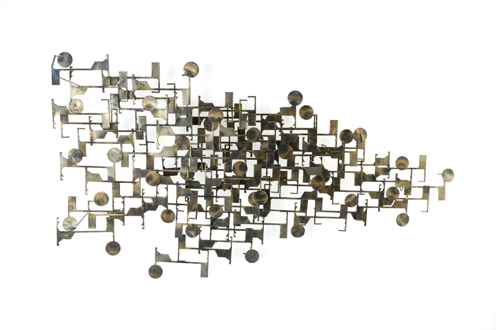 BRUTALIST CUTOUT STEEL WELDED WALL ART: Dimensions: H 26" x W 47.75" x D 4.75" Condition: Intentional patina throughout. One welded joint separated.