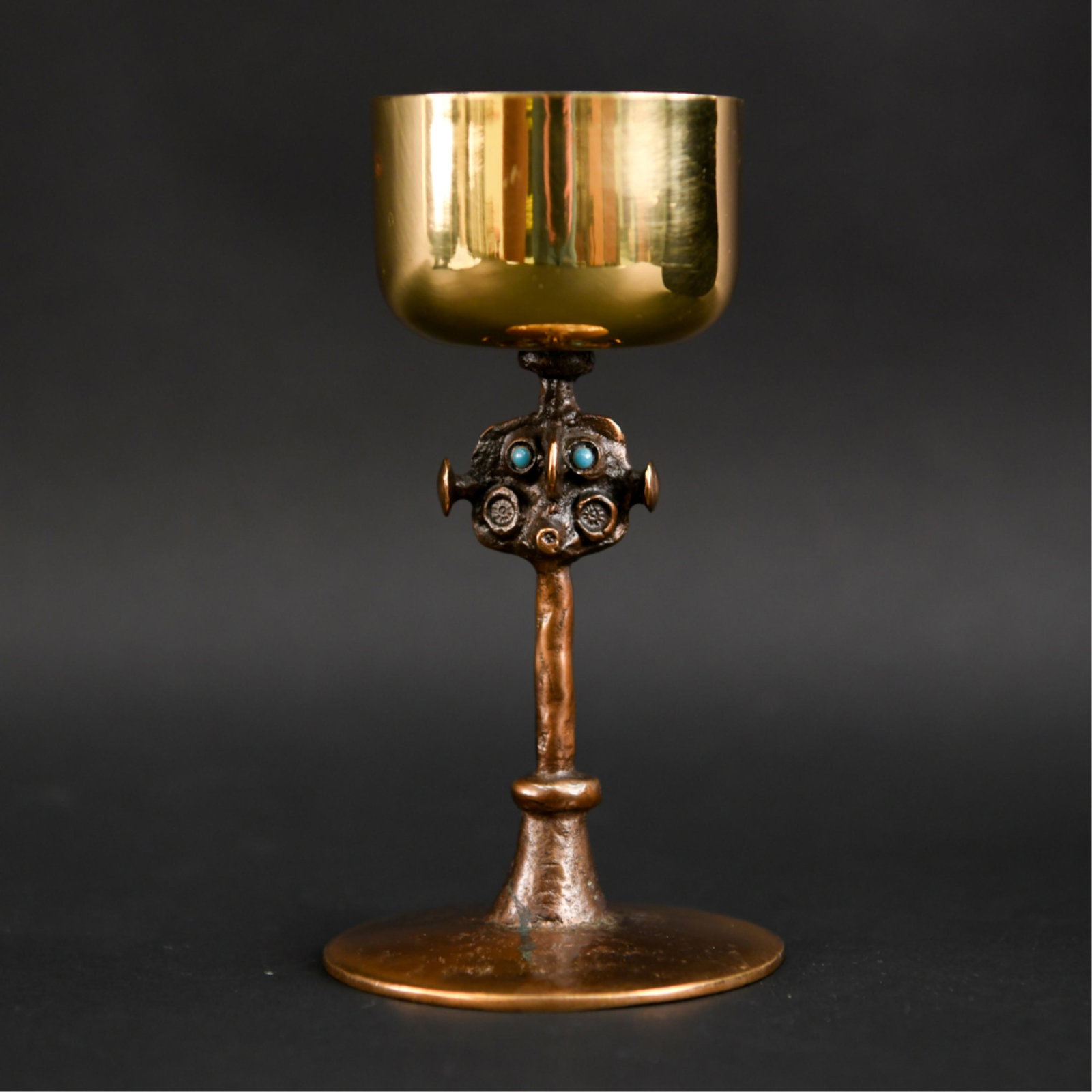 MODERNIST BRONZE FIGURAL CHALICE GOBLET: Unsigned. Dimensions: H 6.25" x D 3.5" Condition: Slight bend/dent to drinking edge.