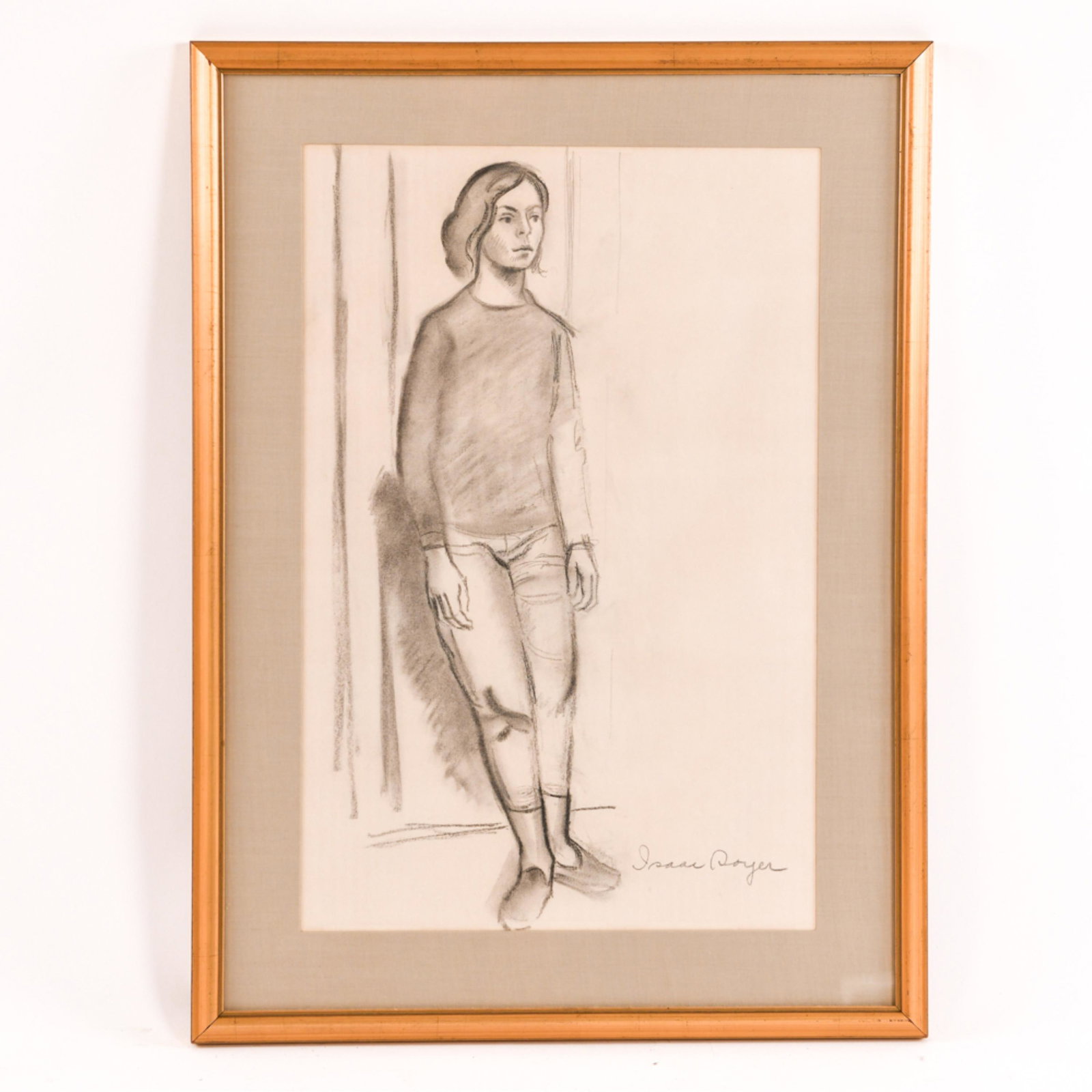 ISAAC SAWYER CHARCOAL ON PAPER: Signed lower right. Dimensions: (Frame) H 29.75" x W 22" (Sight) H 23.50" x W 15.25" Condition: Handling marks to paper.