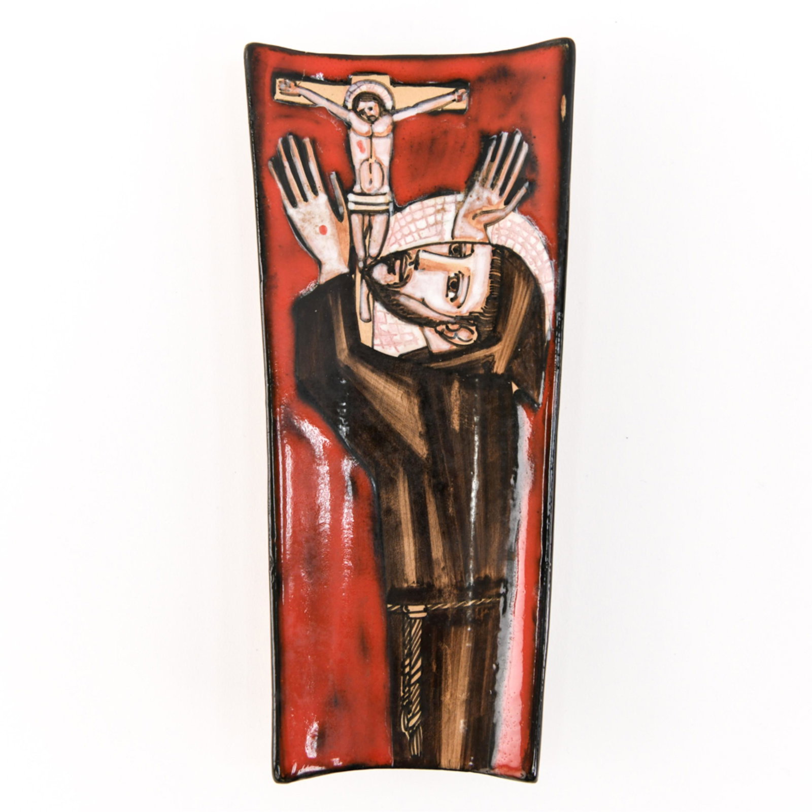 FRANCO RUFINELI CERAMIC DISH W/ CRUCIFIXION SCENE: Signed on bottom. Dimensions: H 1" x W 4" x D 9" Condition: One repaired corner chip.