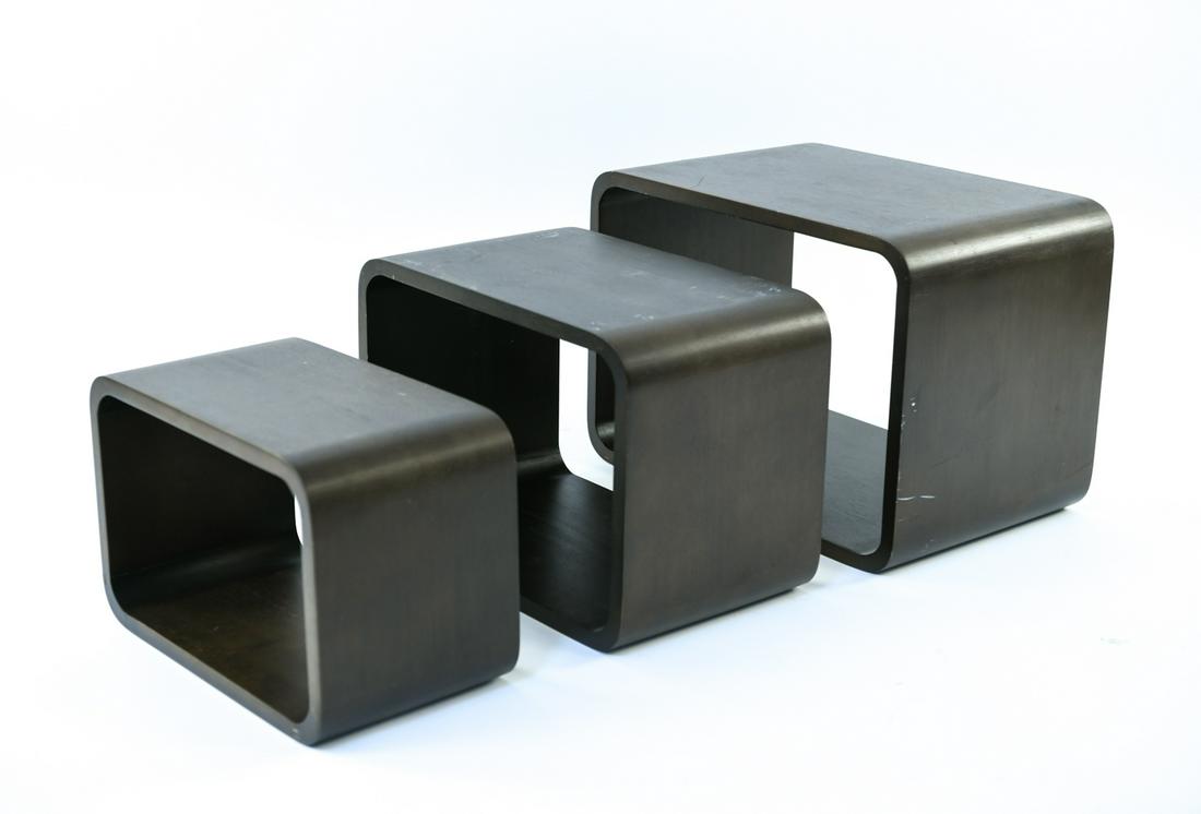 CONTEMPORARY NESTING TABLES: Dimensions: H 15.25" x W 21.75" x D 14" Condition: Minor scuffs and scratches.