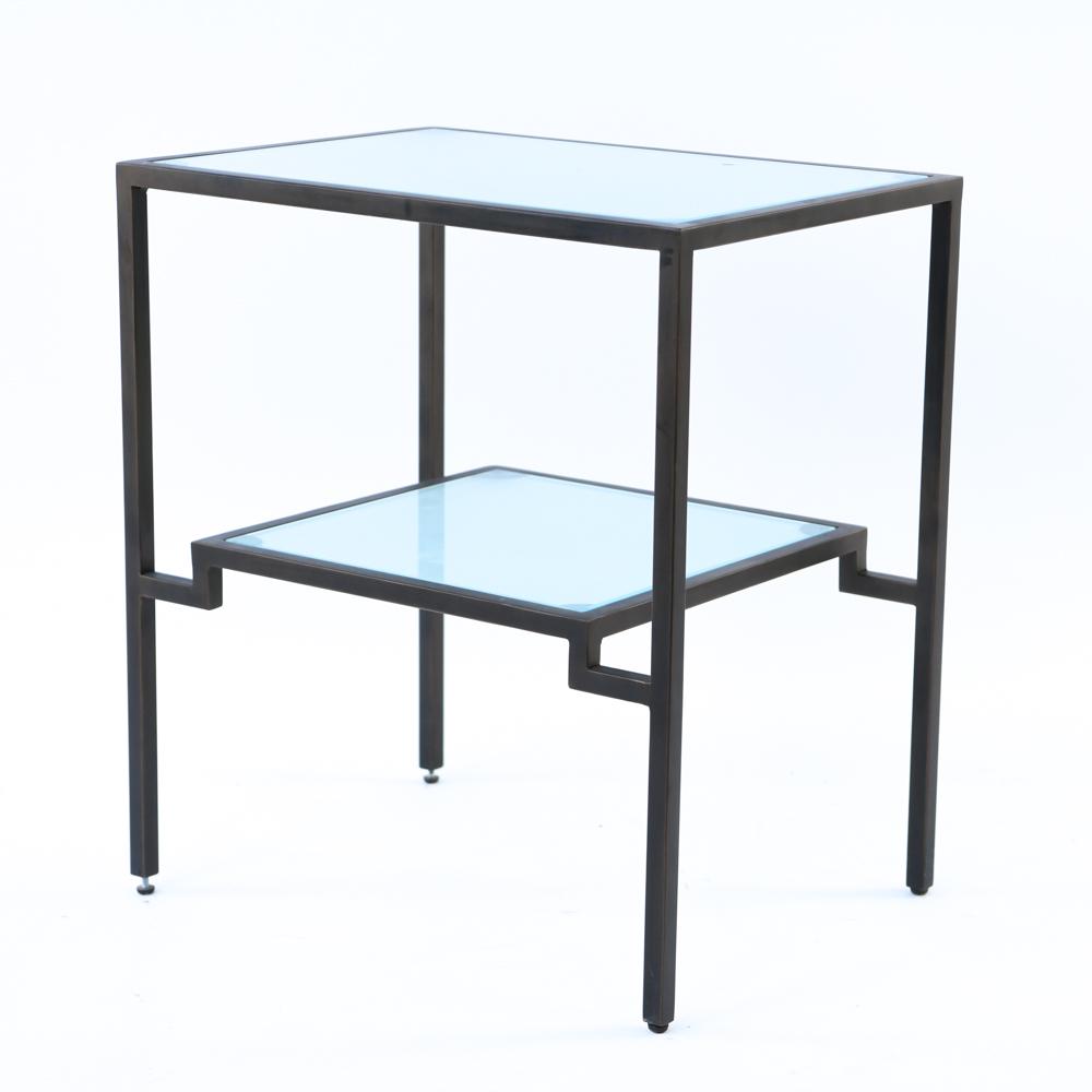 CONTEMPORARY GLASS AND METAL SIDE TABLE: Dimensions: H 23.5" x W 22" x D 16" Condition: Showing signs of very light wear.