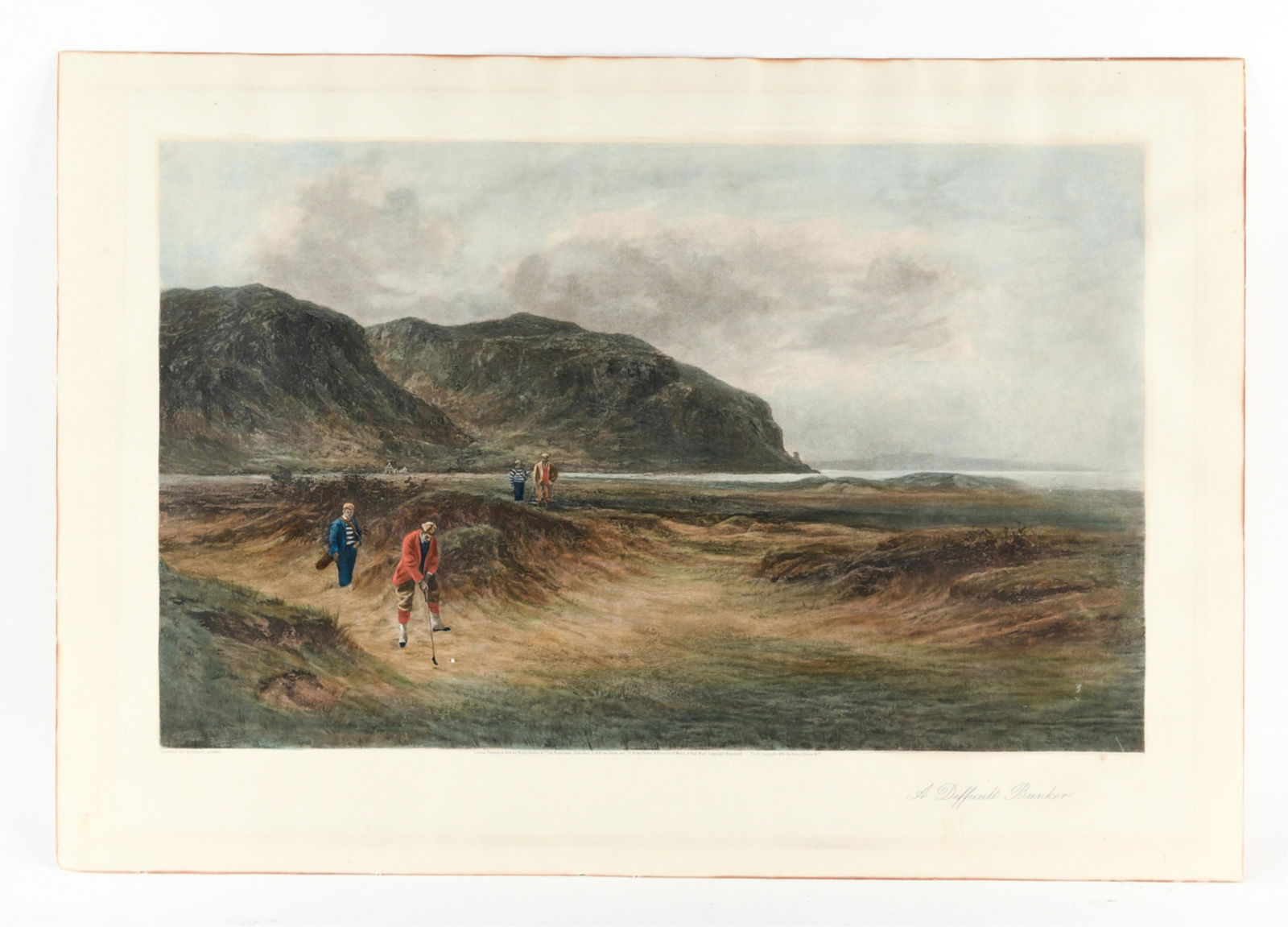 DOUGLAS ADAMS HAND COLORED GOLF PRINT 1894: "A Difficult Bunker." Dimensions: H 20.5" x W 29.5" Condition: Light toning, waving. Small surface scrapes lower right.