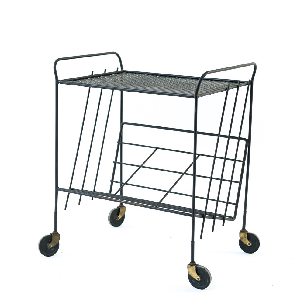 MID-CENTURY ROLLING IRON BAR CART: Dimensions: H 27.25" x W 23" x D 16" Condition: Light rust to casters.