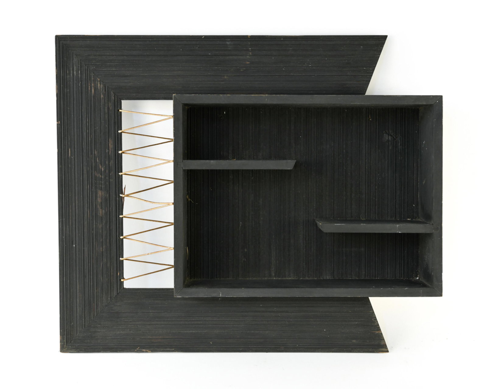 MID-CENTURY WALL SHELF: Dimensions: H 29.75" x W 35.5" x D 5.75" Condition: One wooden hoop on left side broken. Water marks to shelves. Some scratches to surface.