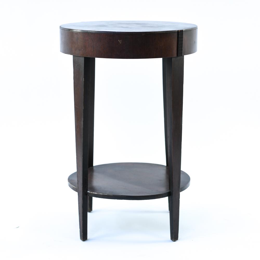 SIDE TABLE: Dimensions: H 27.25" x Dia. 17.75" Condition: Water stains, losses to veneer, and scratches.
