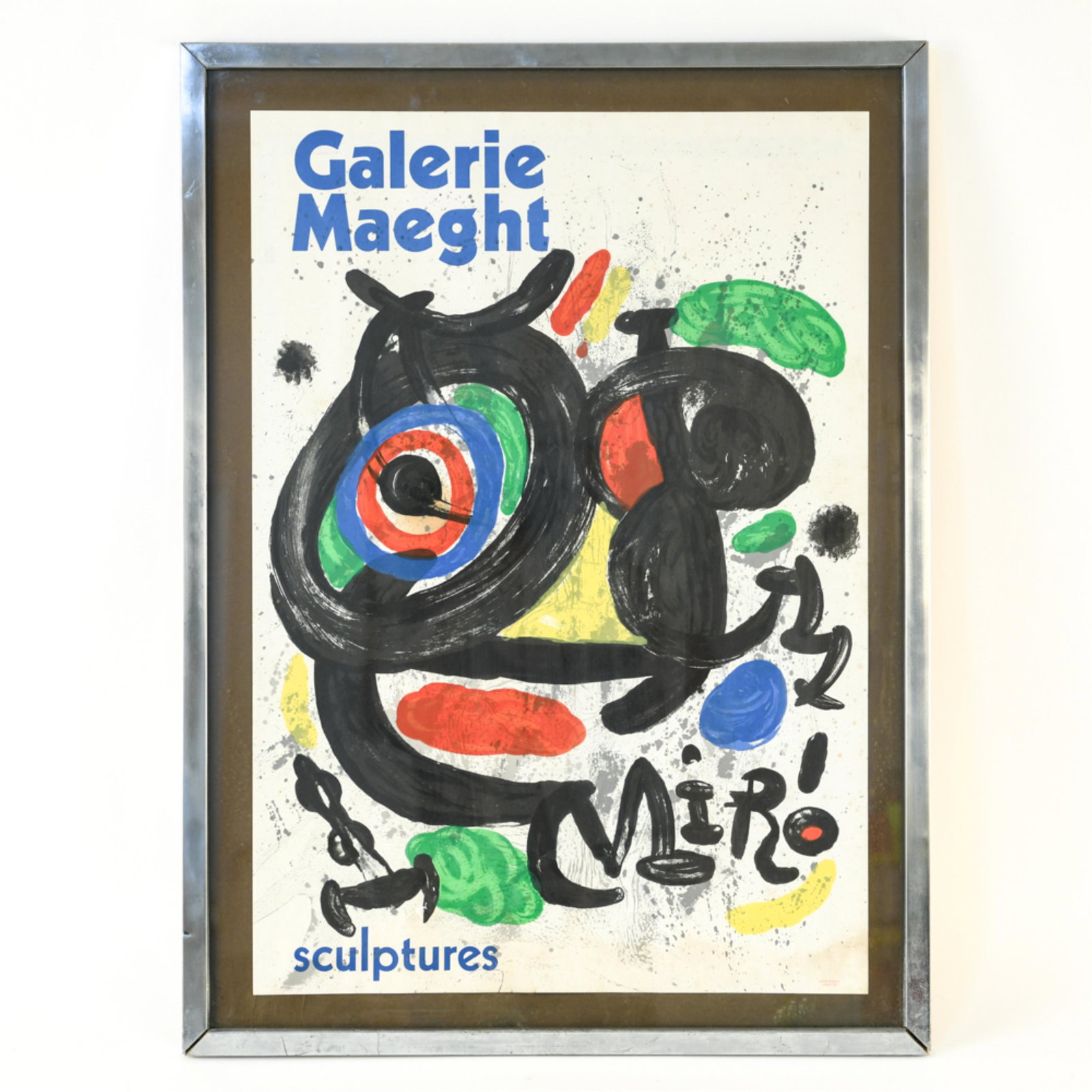 FRAMED MIRO SCULPTURES POSTER: Dimensions: (Frame) H 34.75" x W 25.5" x D 1.5" (Sight) H 30" x W 21" Condition: Foxing and discoloration lower center to right of art. Some pitting and joint separation to frame.