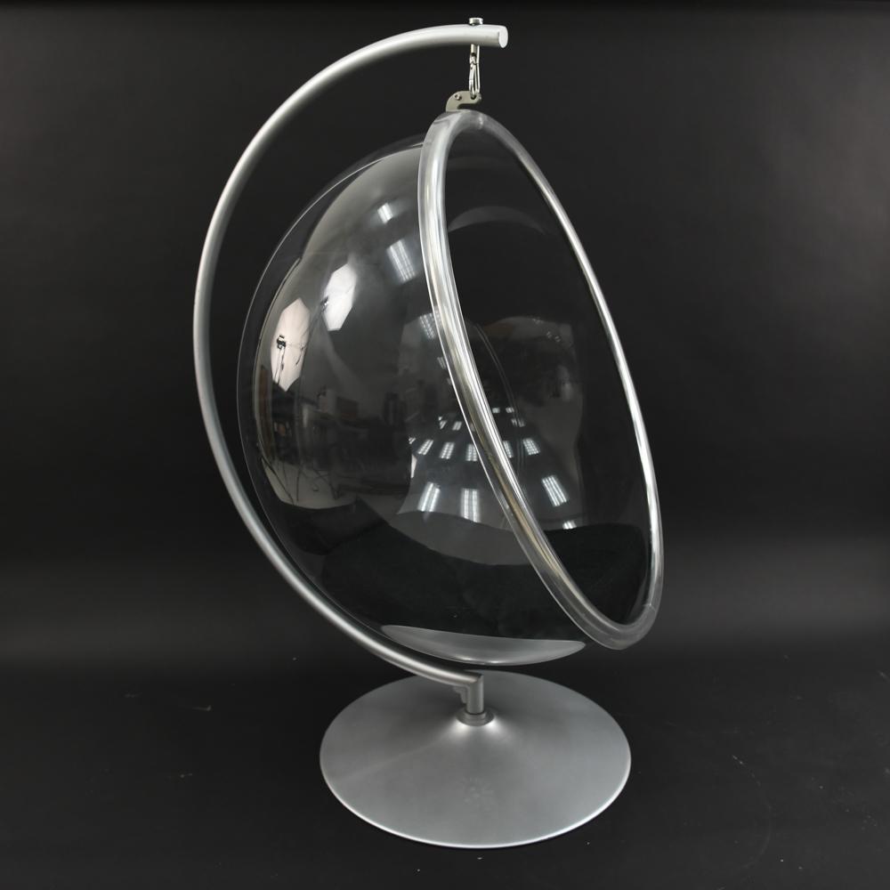EERO AARNIO STYLE BUBBLE CHAIR ON STAND: Aluminum swivel base, lucite ball. Dimensions: H 62" x Dia: 41" Condition: Scuffs to paint, minor scratching to bubble.