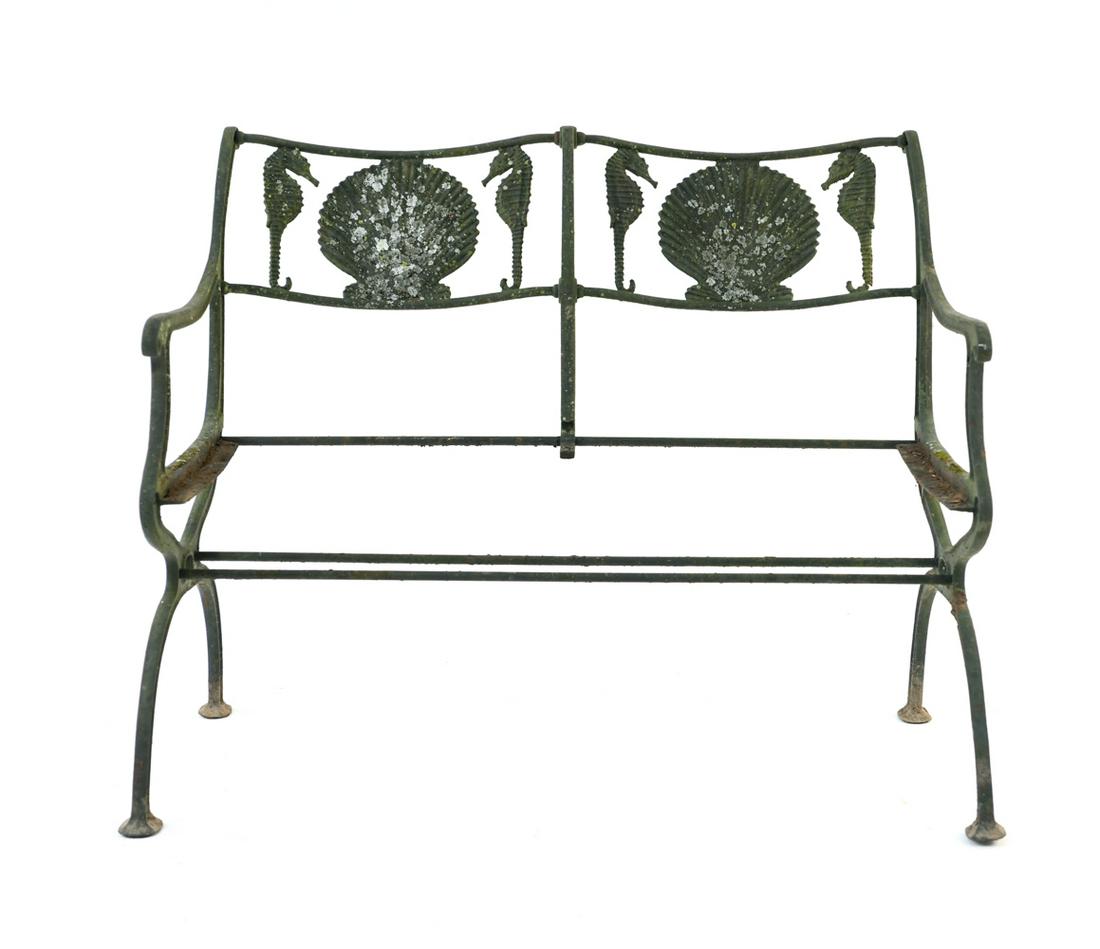 SHELL & SEAHORSE CAST IRON BENCH C. 1930 MARCY: Marked: Marcy Foundry & Co, New York, Dec. 30, 1930. Dimensions: H 31" x W 40.5" x D 24" x SH 17" Condition: Wear consistent with age and outdoor use including rust, moss and dirt. Some missing hardwa