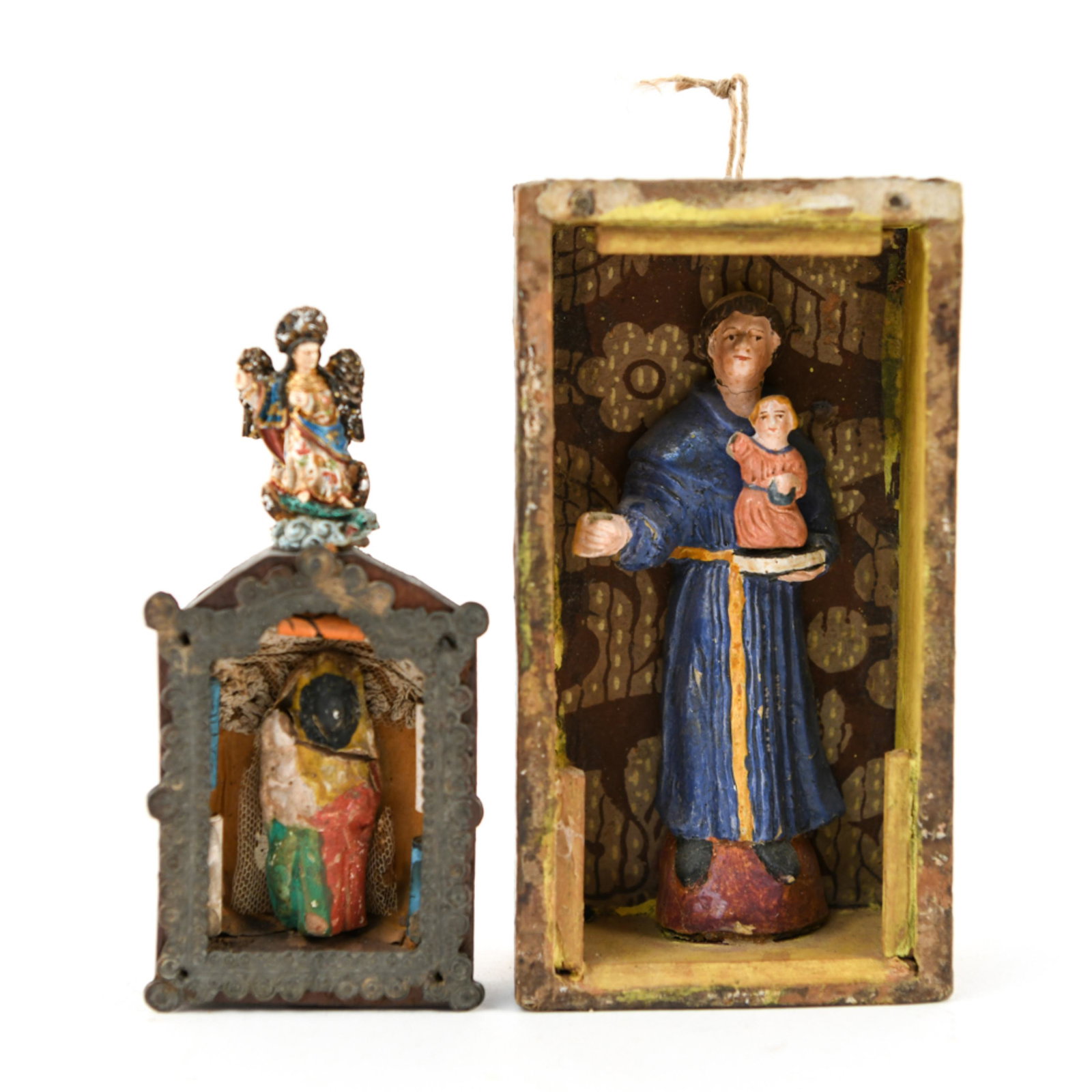 (2) SPANISH COLONIAL FOLK ART RETABLO: Shrines with clay figures. 19th century. Dimensions: (Larger) H 5.5" Condition: Wear and losses.