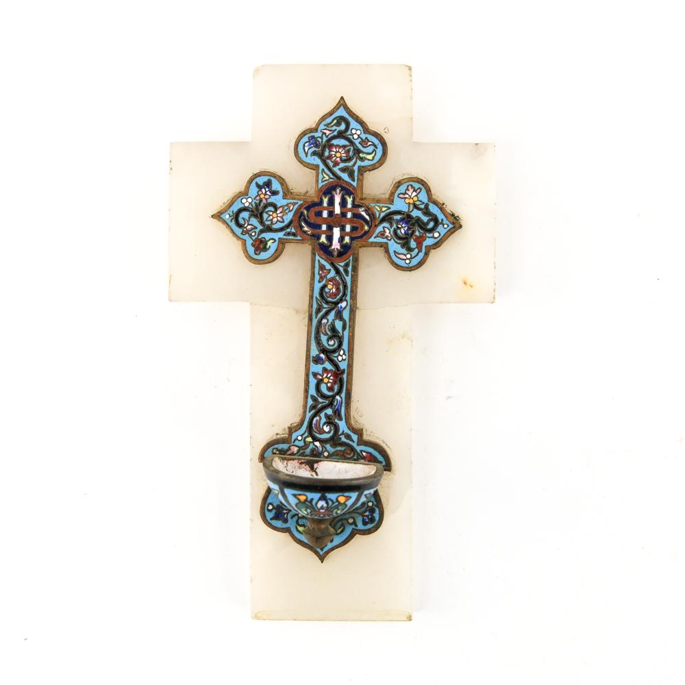 19TH C. CHAMPLEVE ENAMELED CROSS HOLY WATER FONT (1 of 7)