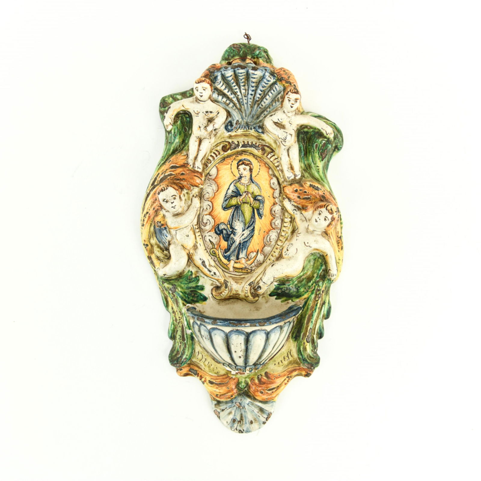 ANTIQUE FAIENCE HOLY WATER WALL FONT (1 of 8)