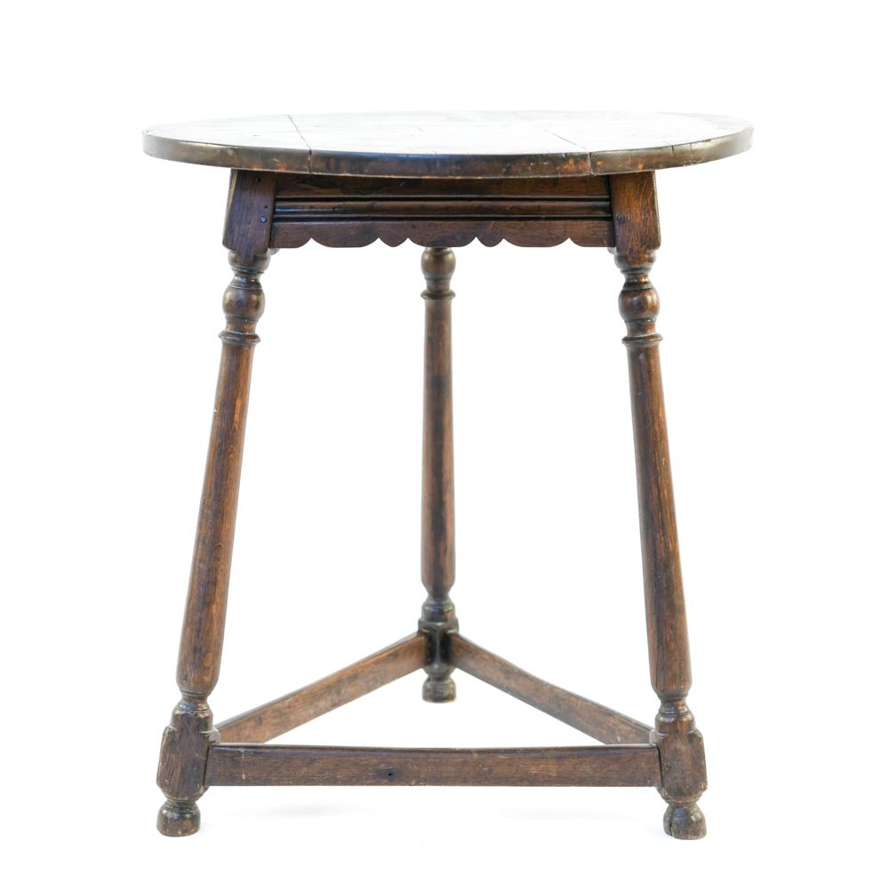 17TH C. JACOBIAN TRIPOD TABLE BASE: Oak base with modern replaced top. Dimensions: H 29.5" x W 26" x D 26.5" Condition: Good age wear to legs and slats.