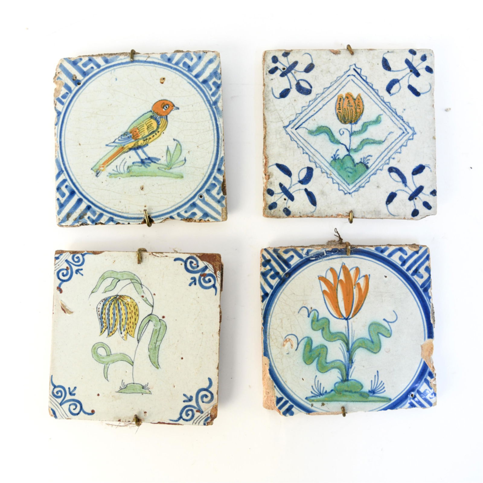 (4) 17TH C. DUTCH POLYCHROME FLOWERS & BRID TILES (1 of 11)