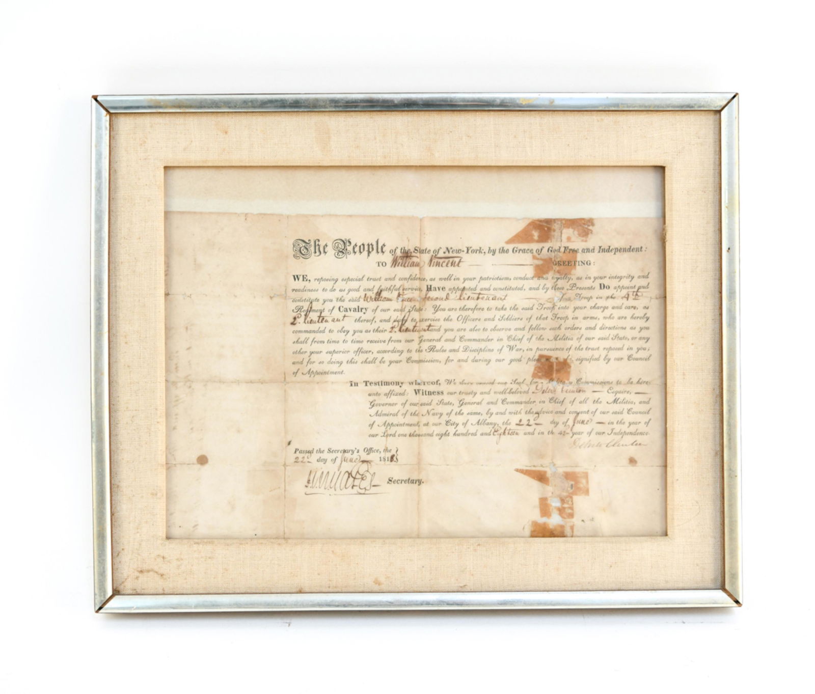 1818 NEW YORK STATE MILITARY APPOINTMENT DOCUMENT (1 of 8)