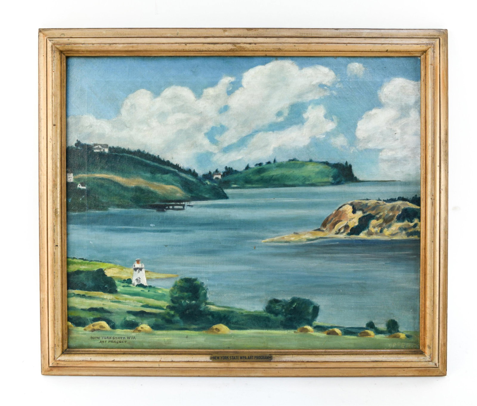 WPA PERIOD COASTAL VIEW O/C: Unsigned with inscription. Dimensions: (Frame) H 24" x W 27.5" (Painting) H 20" x 24" Condition: Light surface scrapes. Rubbing to frame.