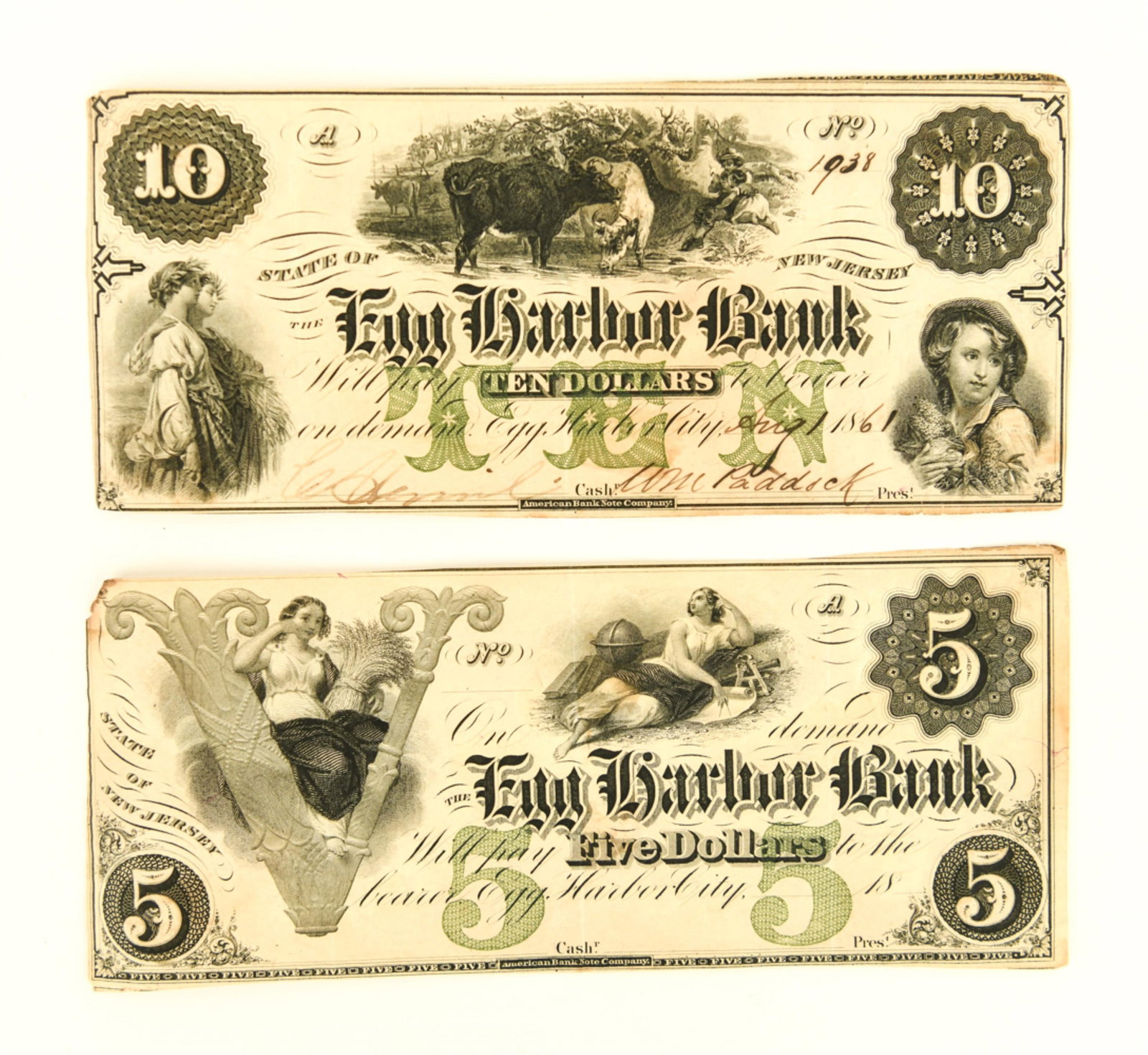 (2) EGG HARBOR BANK NOTES: Five and ten dollar notes. Dimensions: H 3.25" x W 7.25" Condition: Varying condition, with glue remains verso.